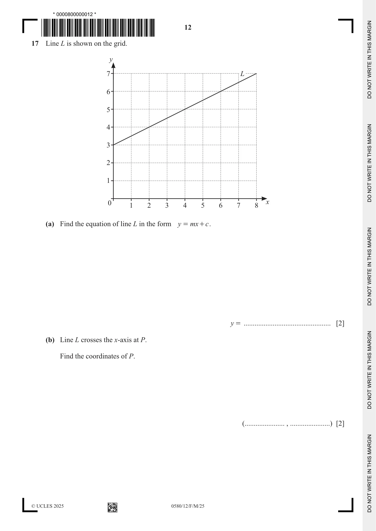 Cambridge IGCSE Mathematics 0580 2025 Feb/March Paper 1 · Variant 2 question paper, page 12 of 20