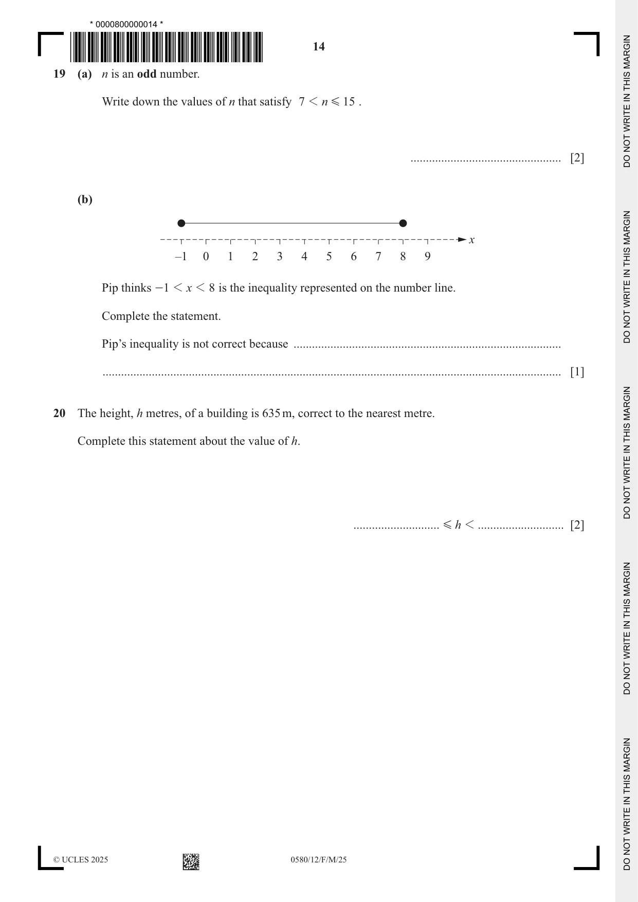 Cambridge IGCSE Mathematics 0580 2025 Feb/March Paper 1 · Variant 2 question paper, page 14 of 20