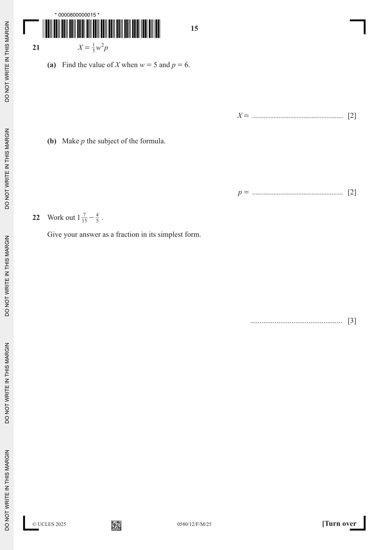 Cambridge IGCSE Mathematics 0580 2025 Feb/March Paper 1 · Variant 2 question paper, page 15 of 20