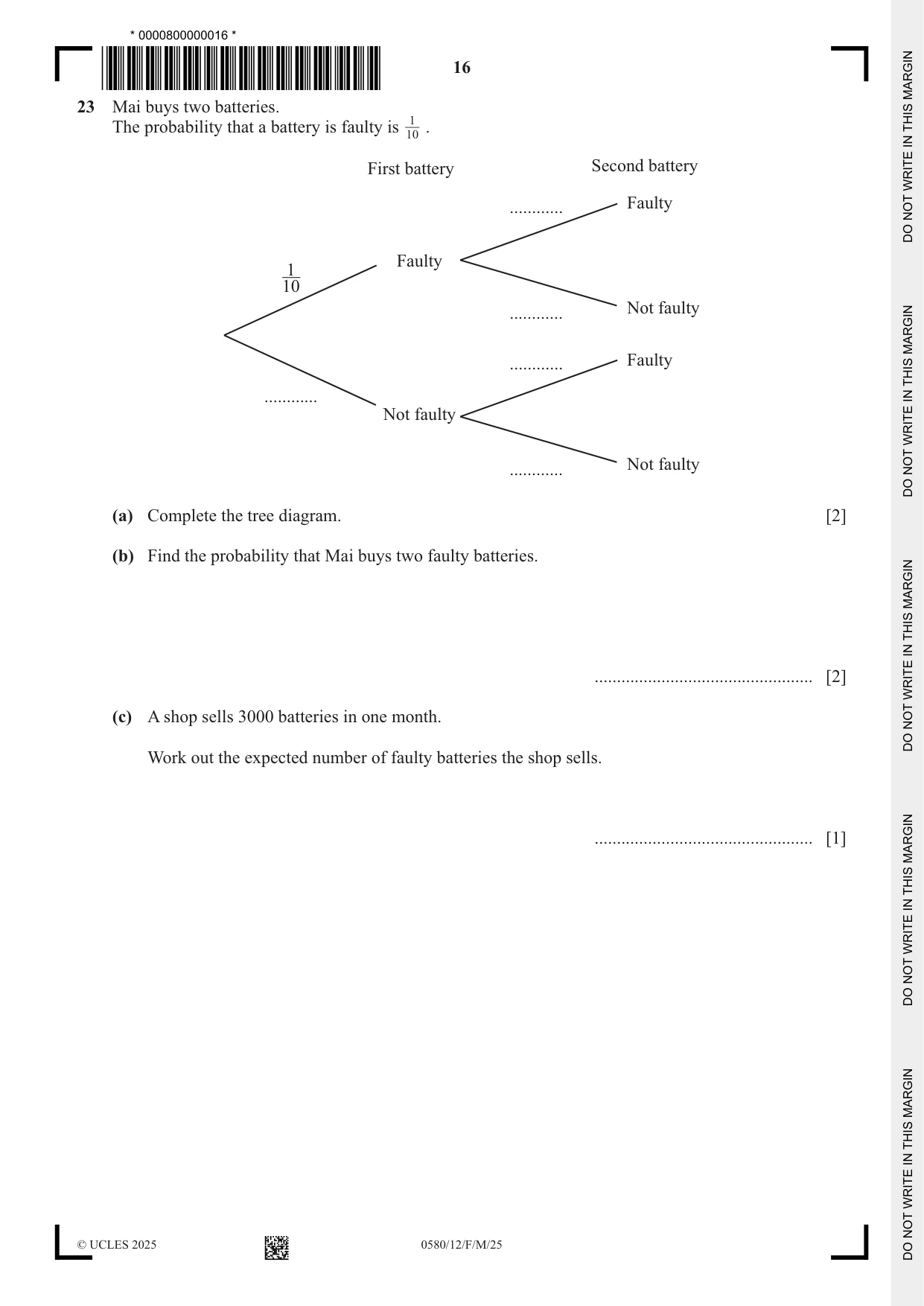 Cambridge IGCSE Mathematics 0580 2025 Feb/March Paper 1 · Variant 2 question paper, page 16 of 20