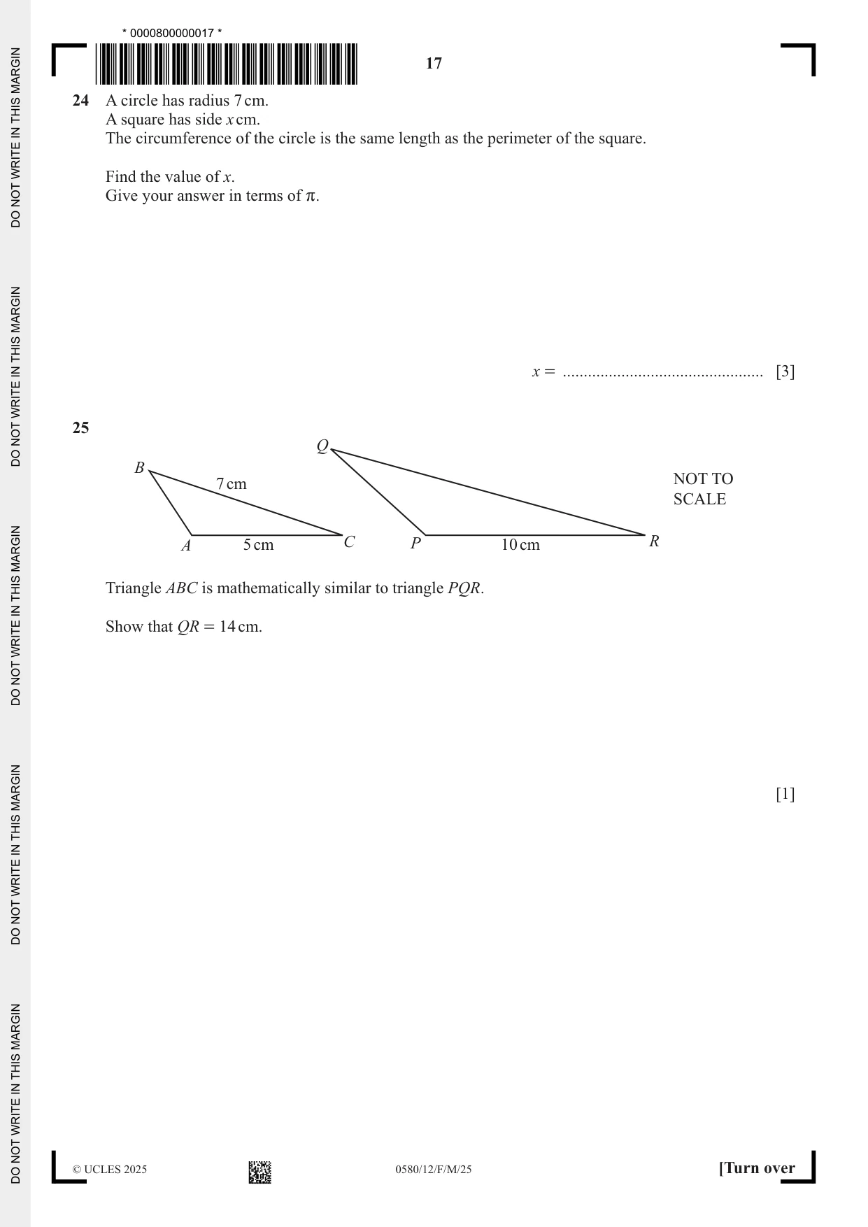 Cambridge IGCSE Mathematics 0580 2025 Feb/March Paper 1 · Variant 2 question paper, page 17 of 20