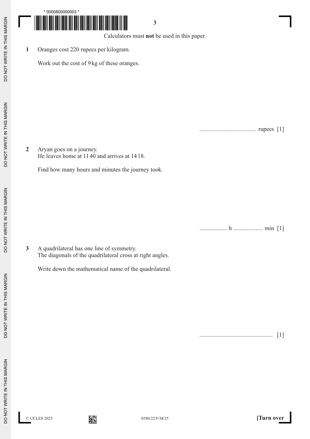 Cambridge IGCSE Mathematics 0580 2025 Feb/March Paper 2 · Variant 2 question paper, page 3 of 20