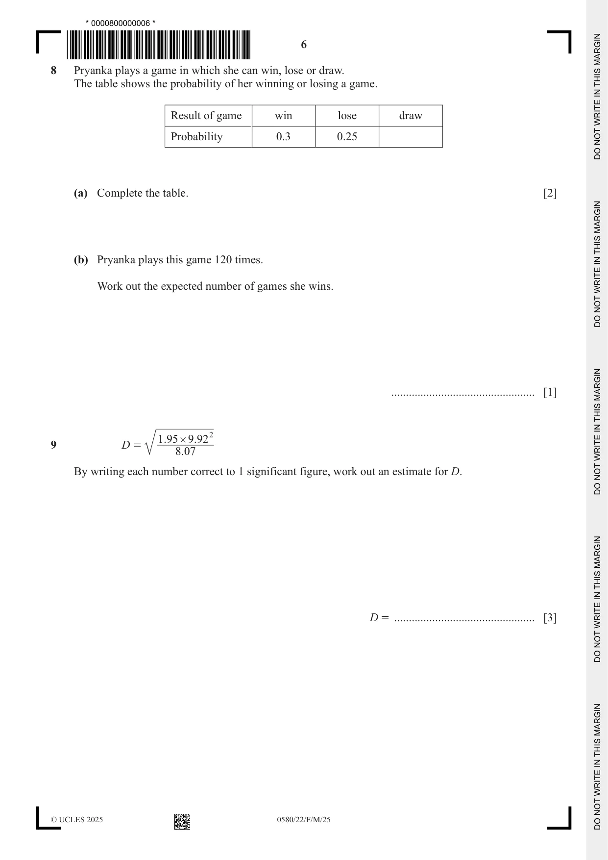 Cambridge IGCSE Mathematics 0580 2025 Feb/March Paper 2 · Variant 2 question paper, page 6 of 20