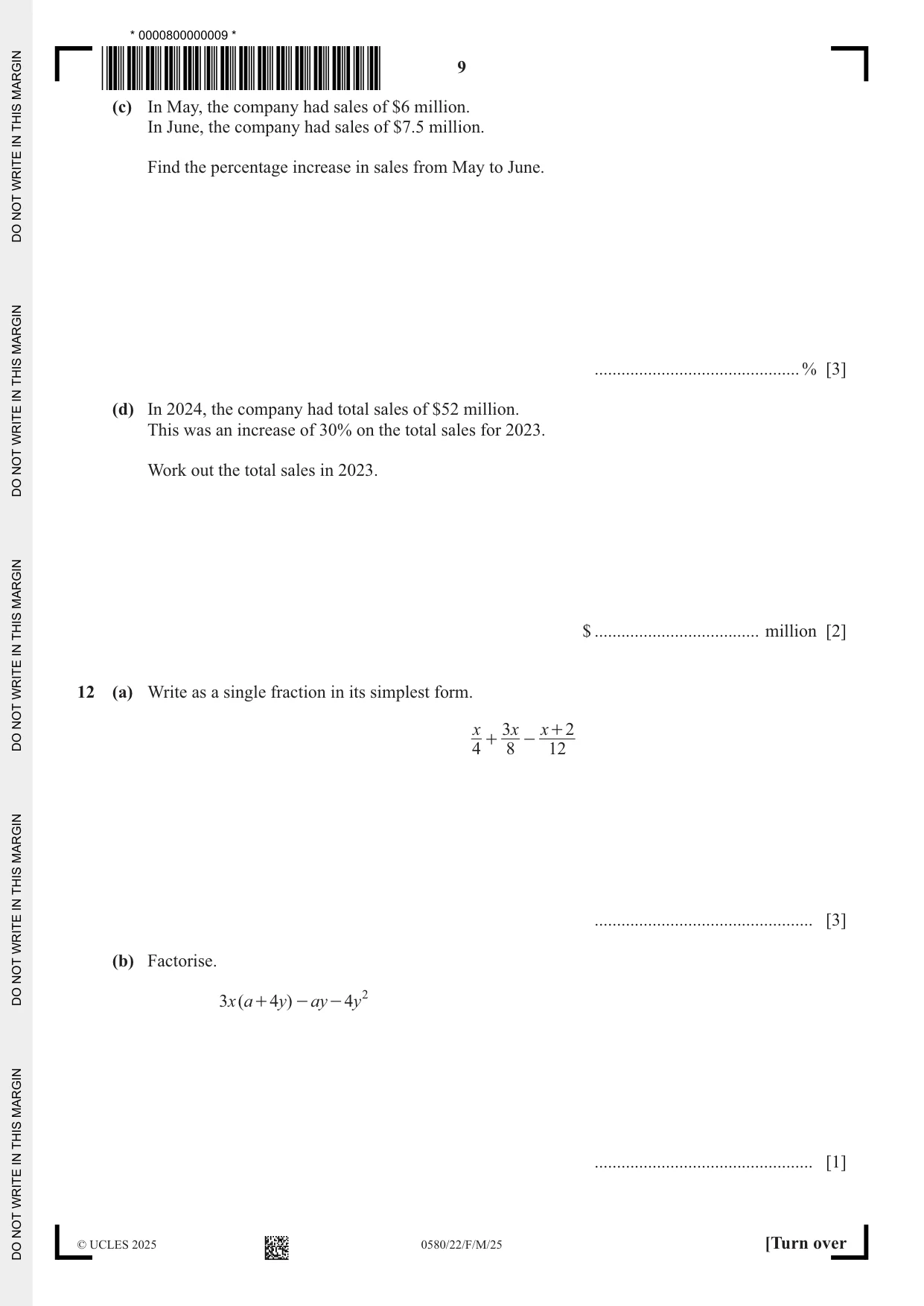 Cambridge IGCSE Mathematics 0580 2025 Feb/March Paper 2 · Variant 2 question paper, page 9 of 20
