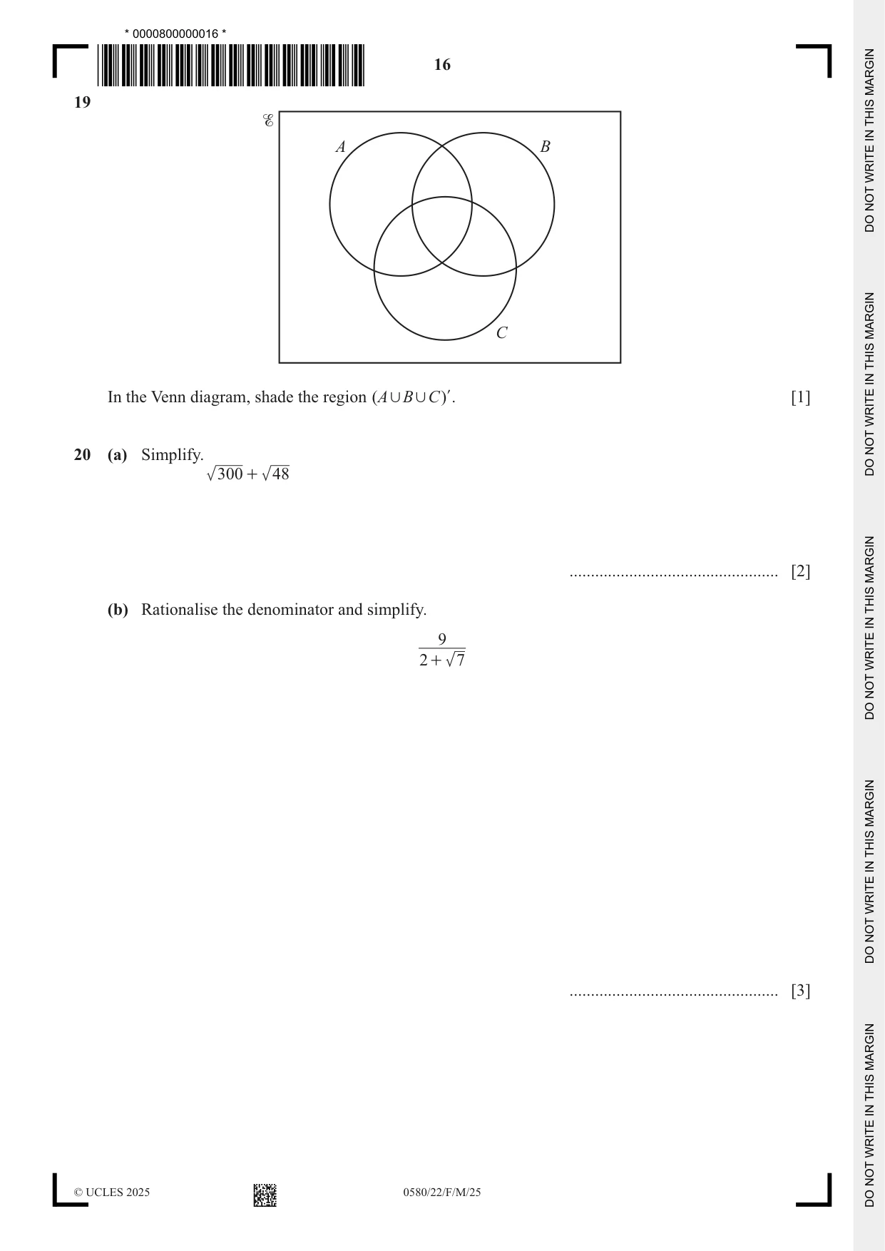 Cambridge IGCSE Mathematics 0580 2025 Feb/March Paper 2 · Variant 2 question paper, page 16 of 20