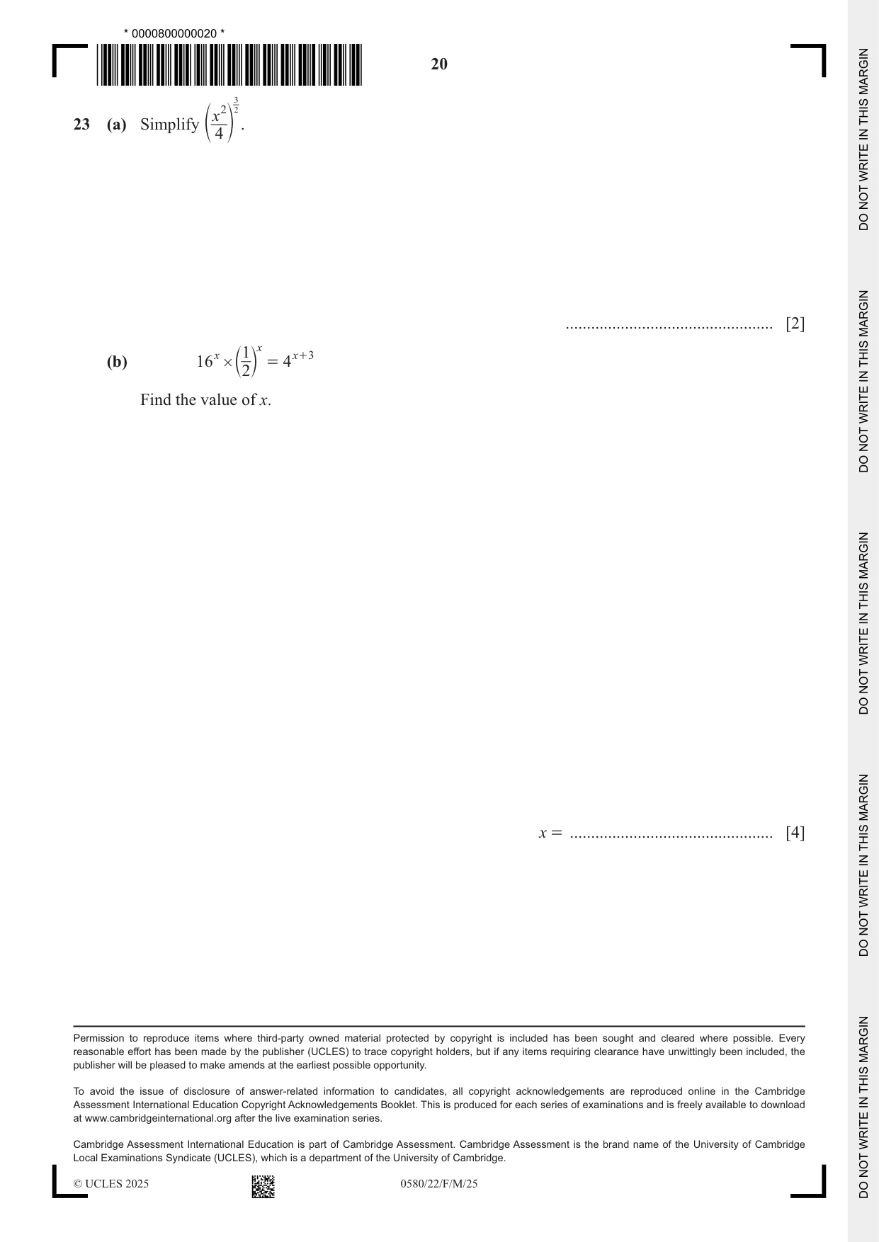 Cambridge IGCSE Mathematics 0580 2025 Feb/March Paper 2 · Variant 2 question paper, page 20 of 20