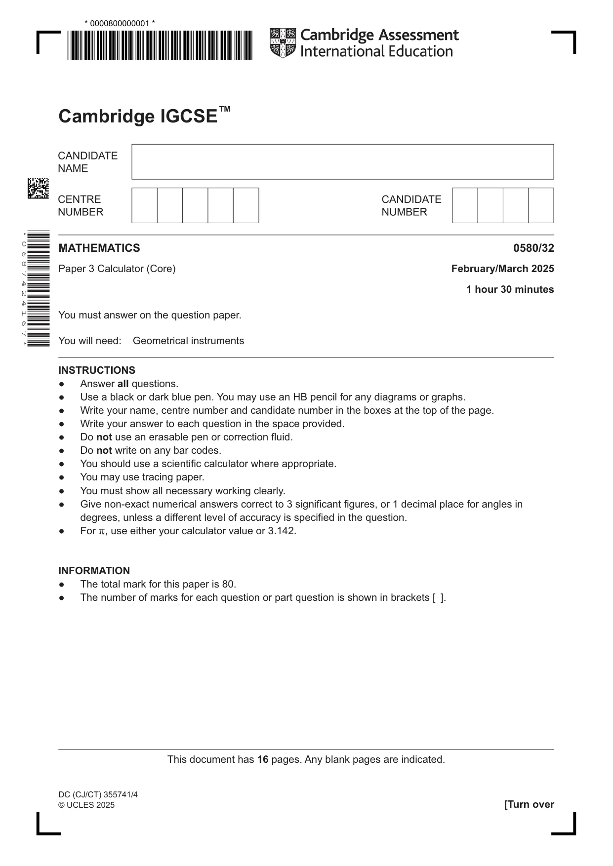 Cambridge IGCSE Mathematics 0580 2025 Feb/March Paper 3 · Variant 2 question paper, page 1 of 16