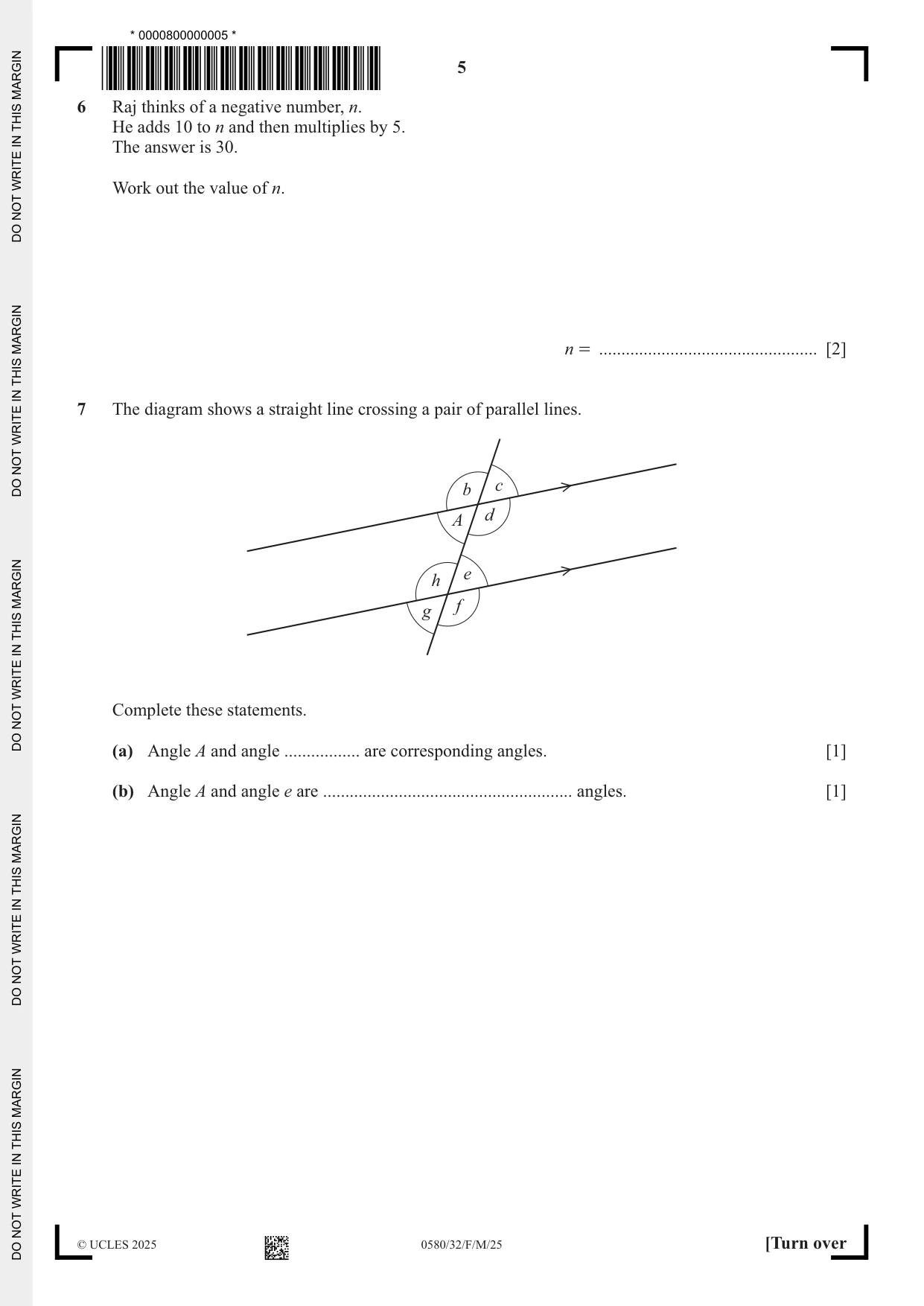 Cambridge IGCSE Mathematics 0580 2025 Feb/March Paper 3 · Variant 2 question paper, page 5 of 16
