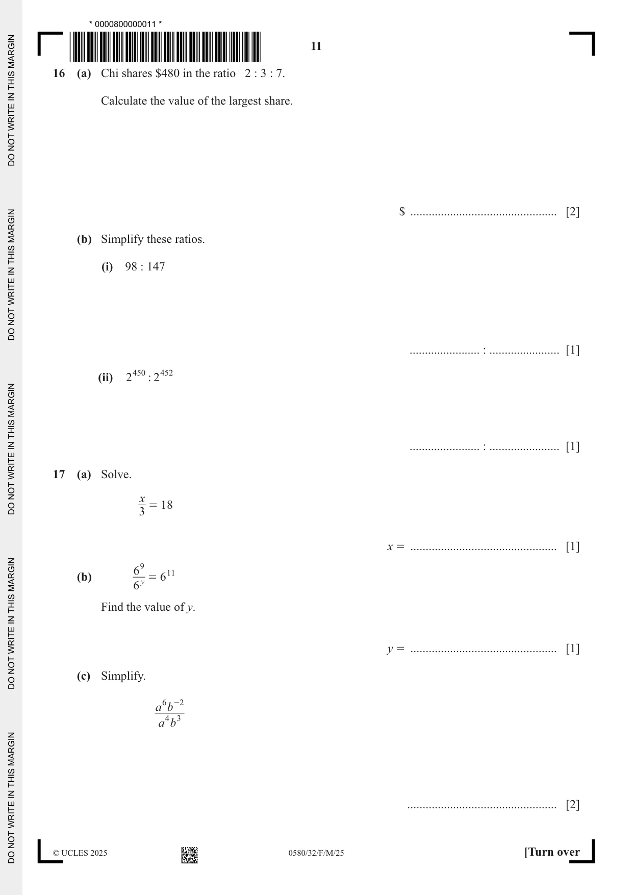 Cambridge IGCSE Mathematics 0580 2025 Feb/March Paper 3 · Variant 2 question paper, page 11 of 16