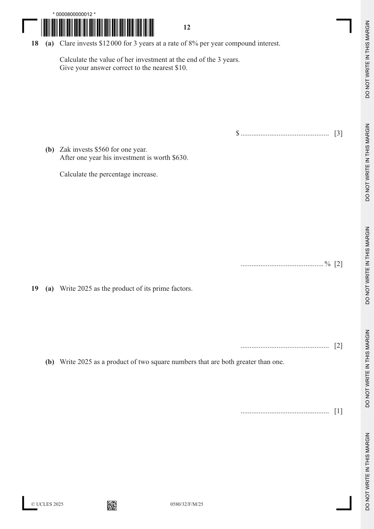 Cambridge IGCSE Mathematics 0580 2025 Feb/March Paper 3 · Variant 2 question paper, page 12 of 16
