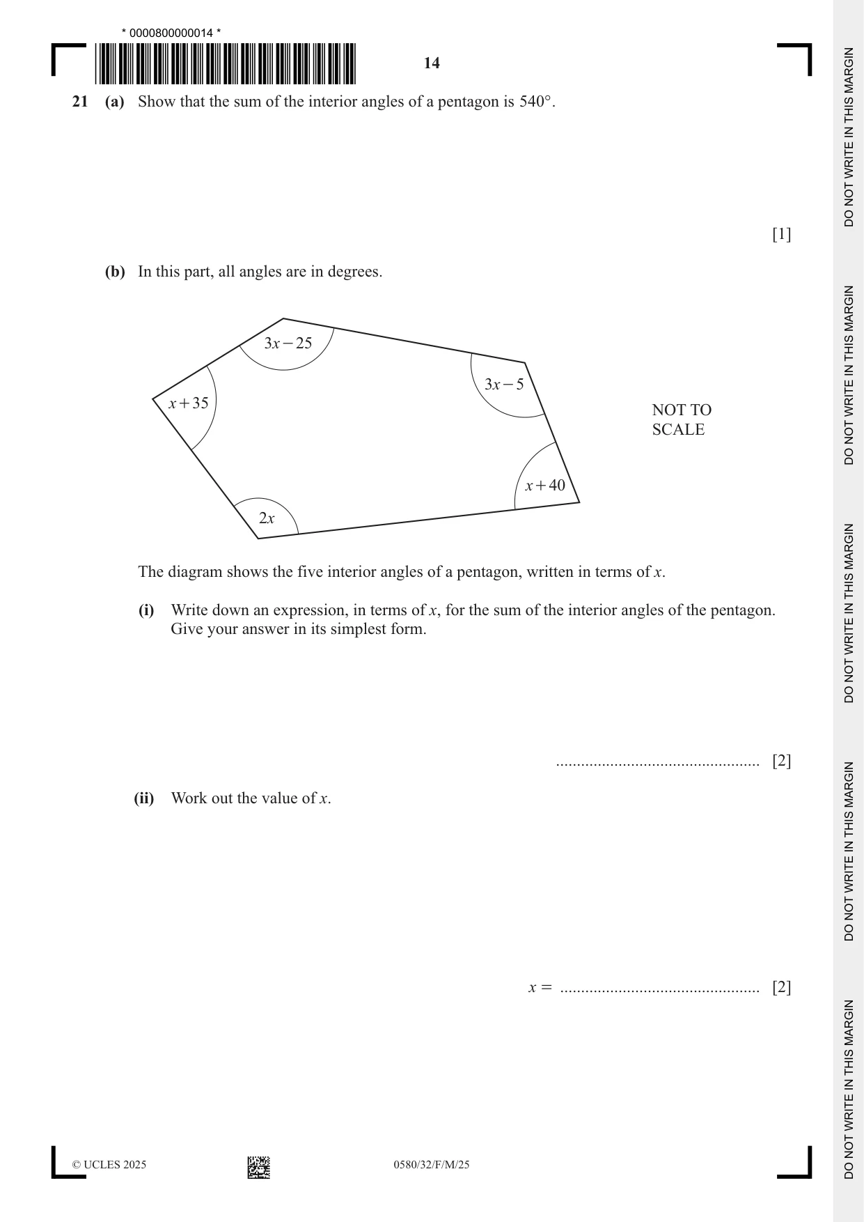 Cambridge IGCSE Mathematics 0580 2025 Feb/March Paper 3 · Variant 2 question paper, page 14 of 16