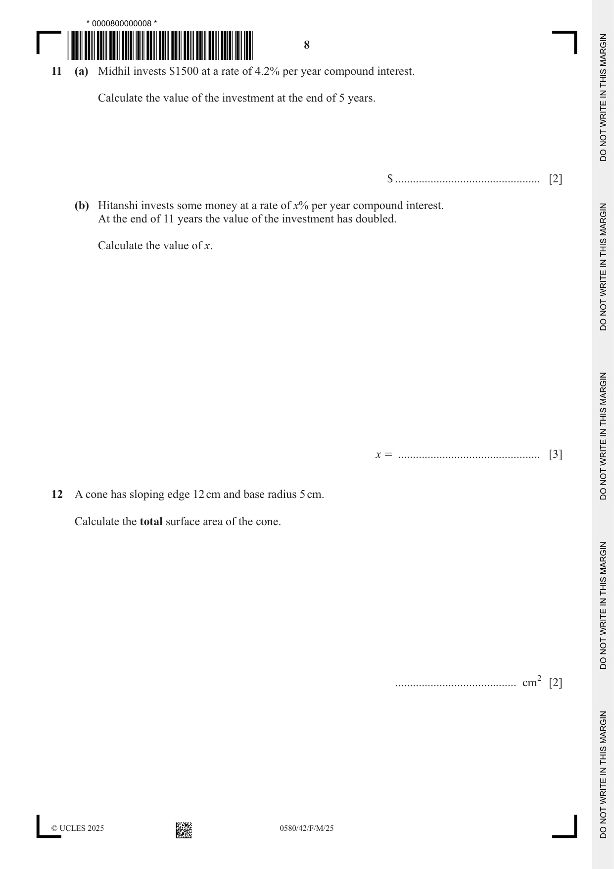 Cambridge IGCSE Mathematics 0580 2025 Feb/March Paper 4 · Variant 2 question paper, page 8 of 16