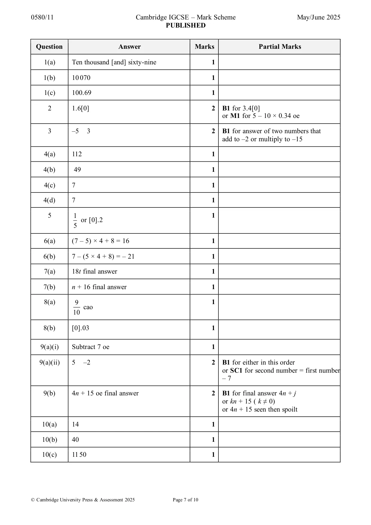 Mark scheme, page 7 of 10