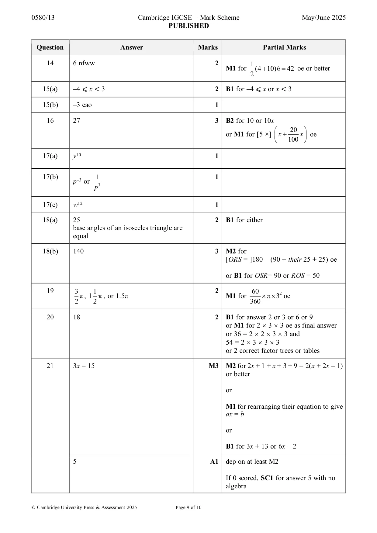 Mark scheme, page 9 of 10