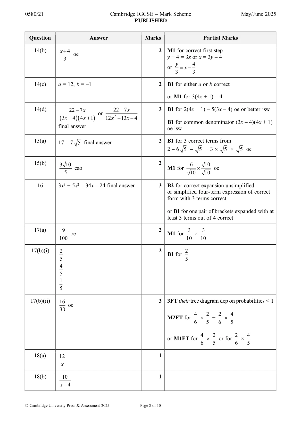 Mark scheme, page 8 of 10