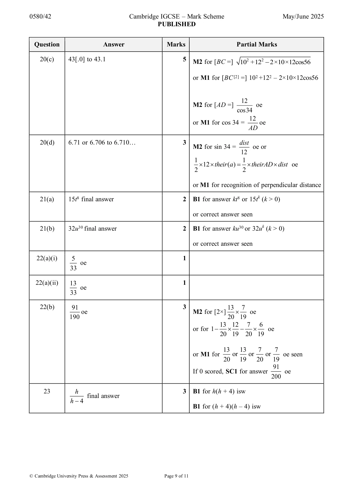 Mark scheme, page 9 of 11