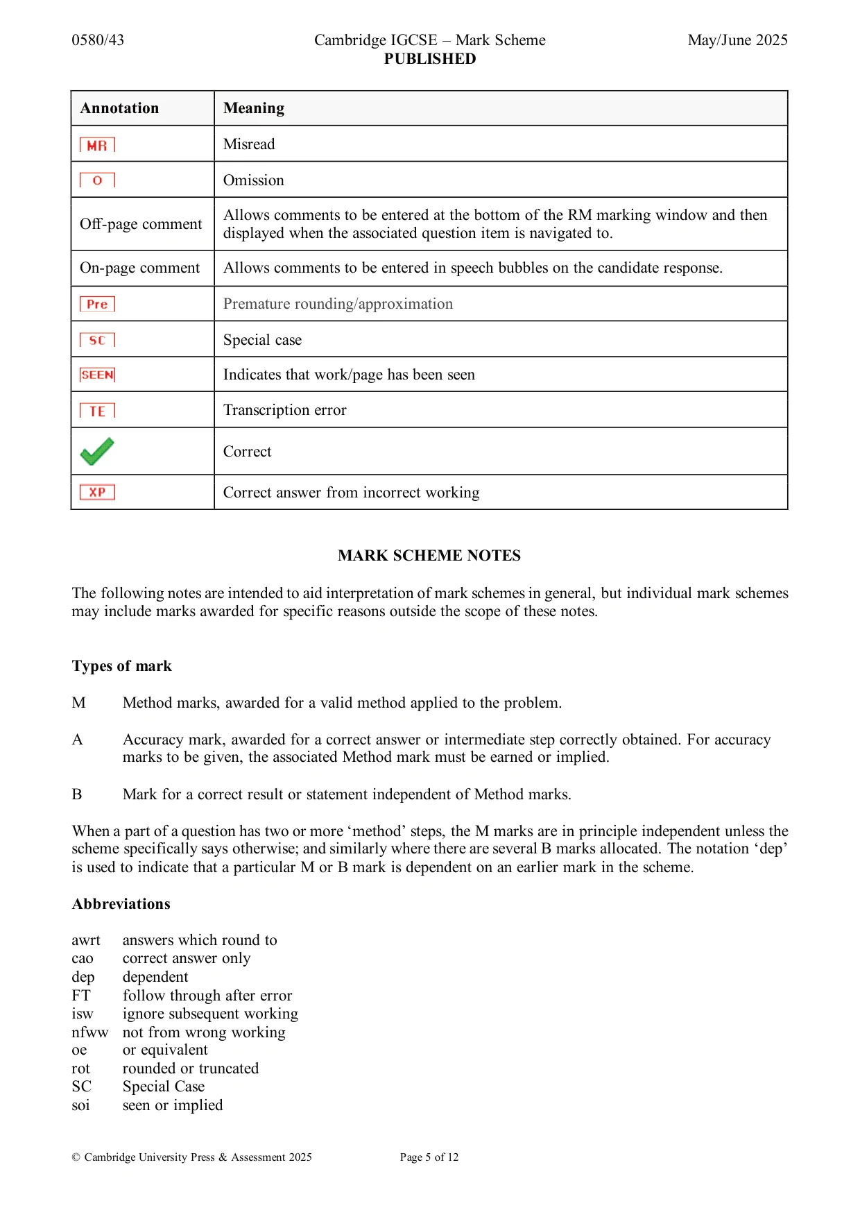 Mark scheme, page 5 of 12