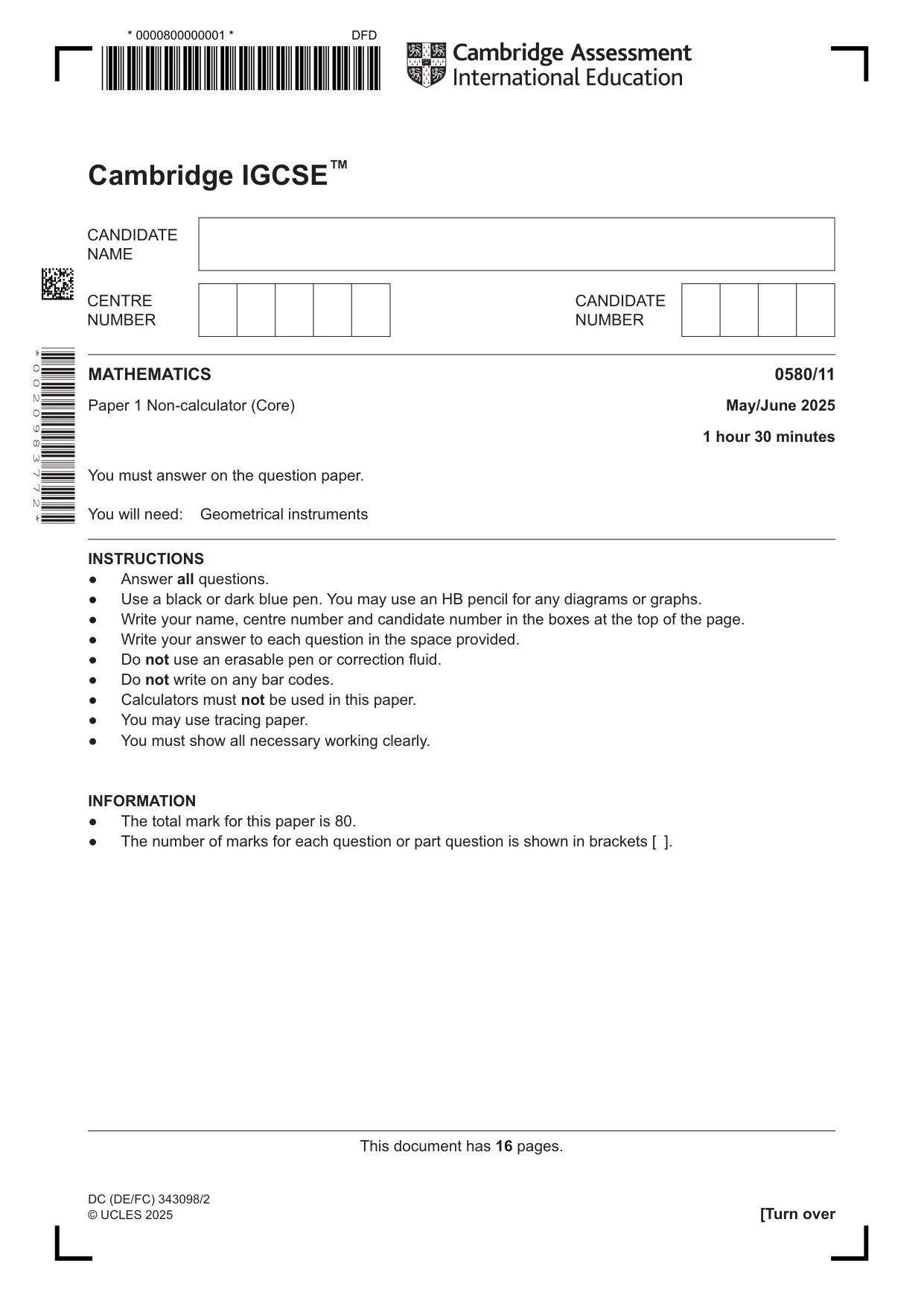 Cambridge IGCSE Mathematics 0580 2025 May/June Paper 1 · Variant 1 question paper, page 1 of 16