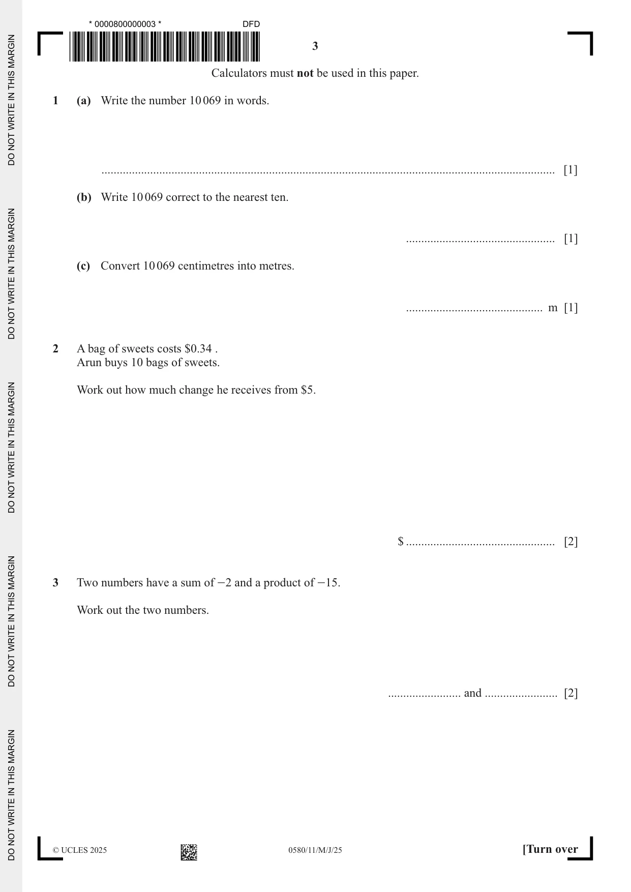 Cambridge IGCSE Mathematics 0580 2025 May/June Paper 1 · Variant 1 question paper, page 3 of 16
