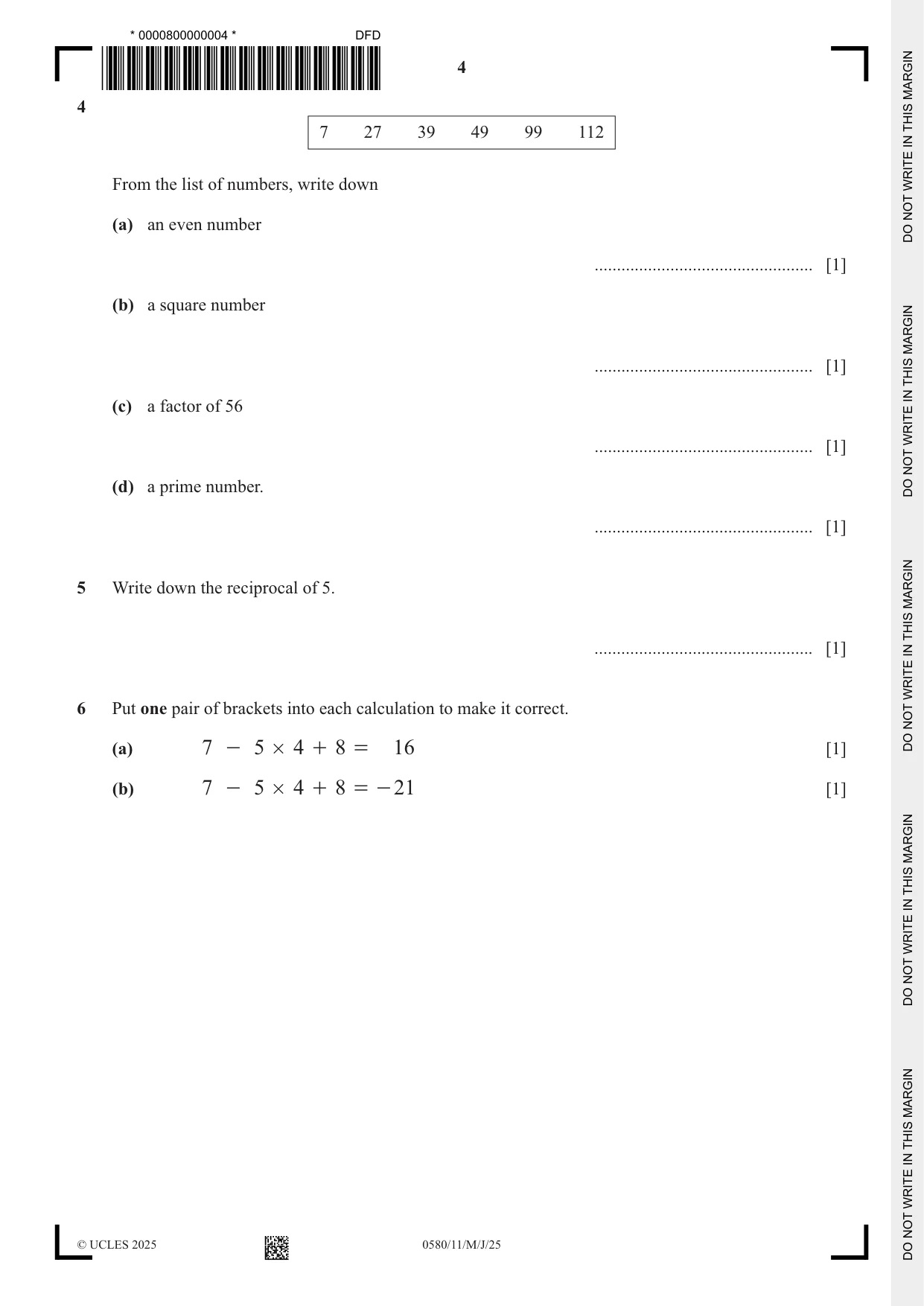 Cambridge IGCSE Mathematics 0580 2025 May/June Paper 1 · Variant 1 question paper, page 4 of 16