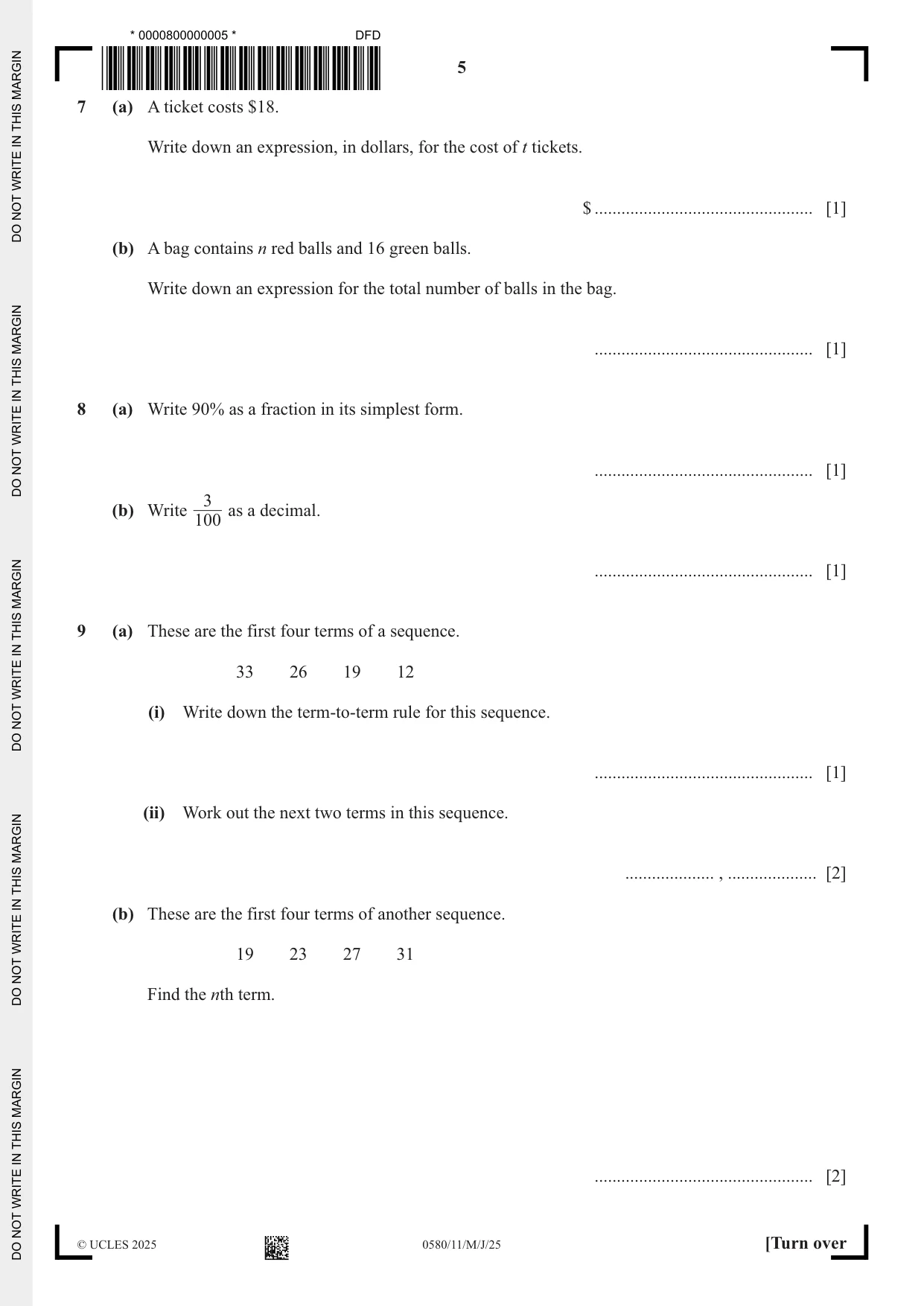 Cambridge IGCSE Mathematics 0580 2025 May/June Paper 1 · Variant 1 question paper, page 5 of 16