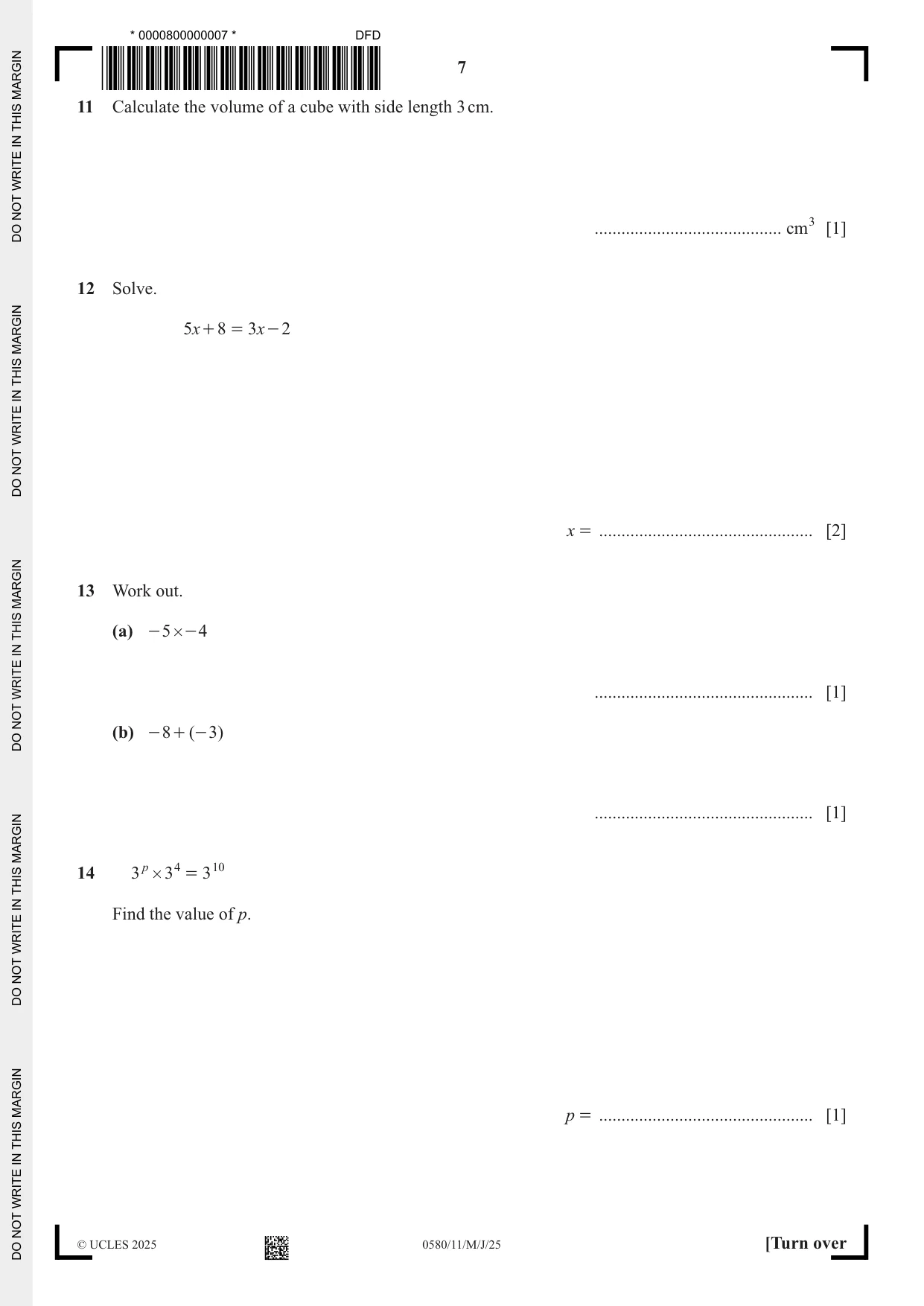 Cambridge IGCSE Mathematics 0580 2025 May/June Paper 1 · Variant 1 question paper, page 7 of 16