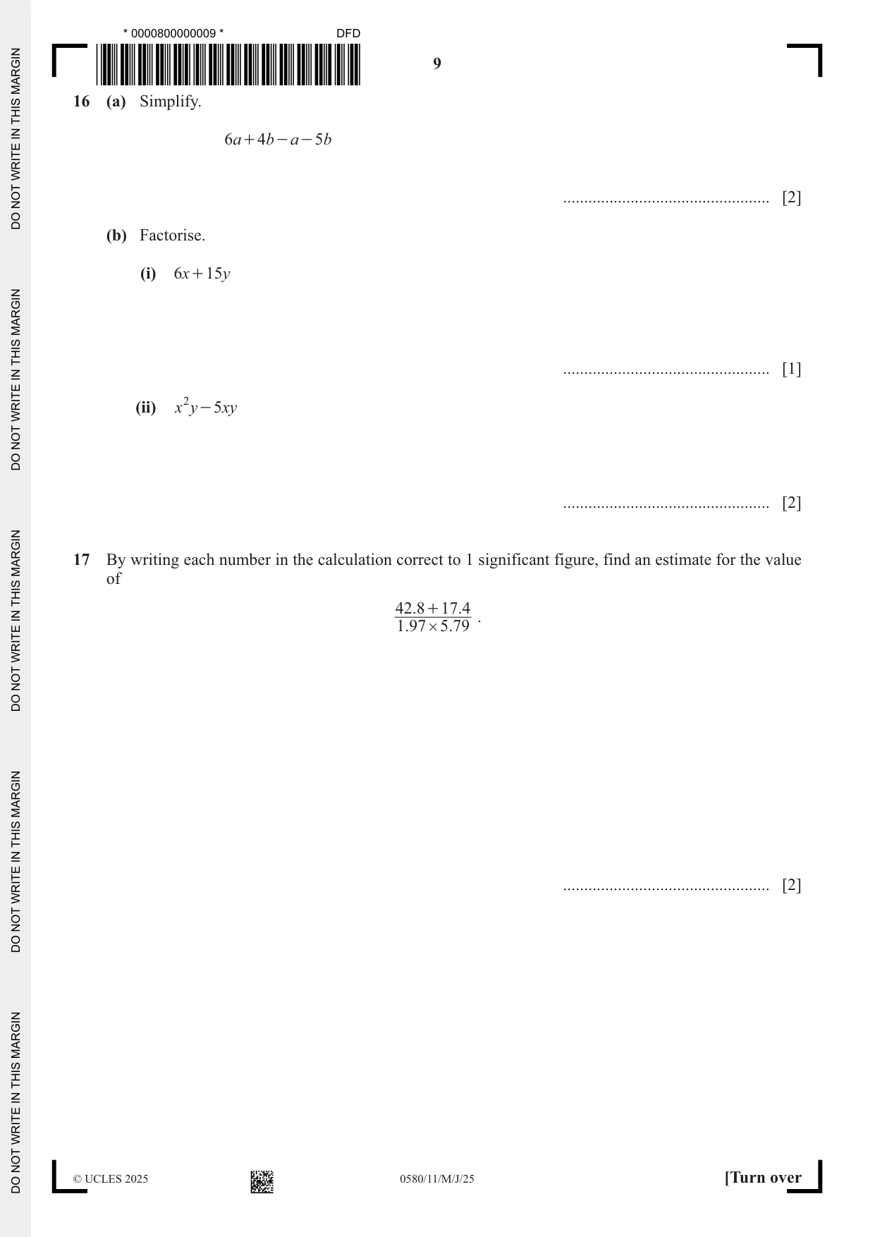 Cambridge IGCSE Mathematics 0580 2025 May/June Paper 1 · Variant 1 question paper, page 9 of 16