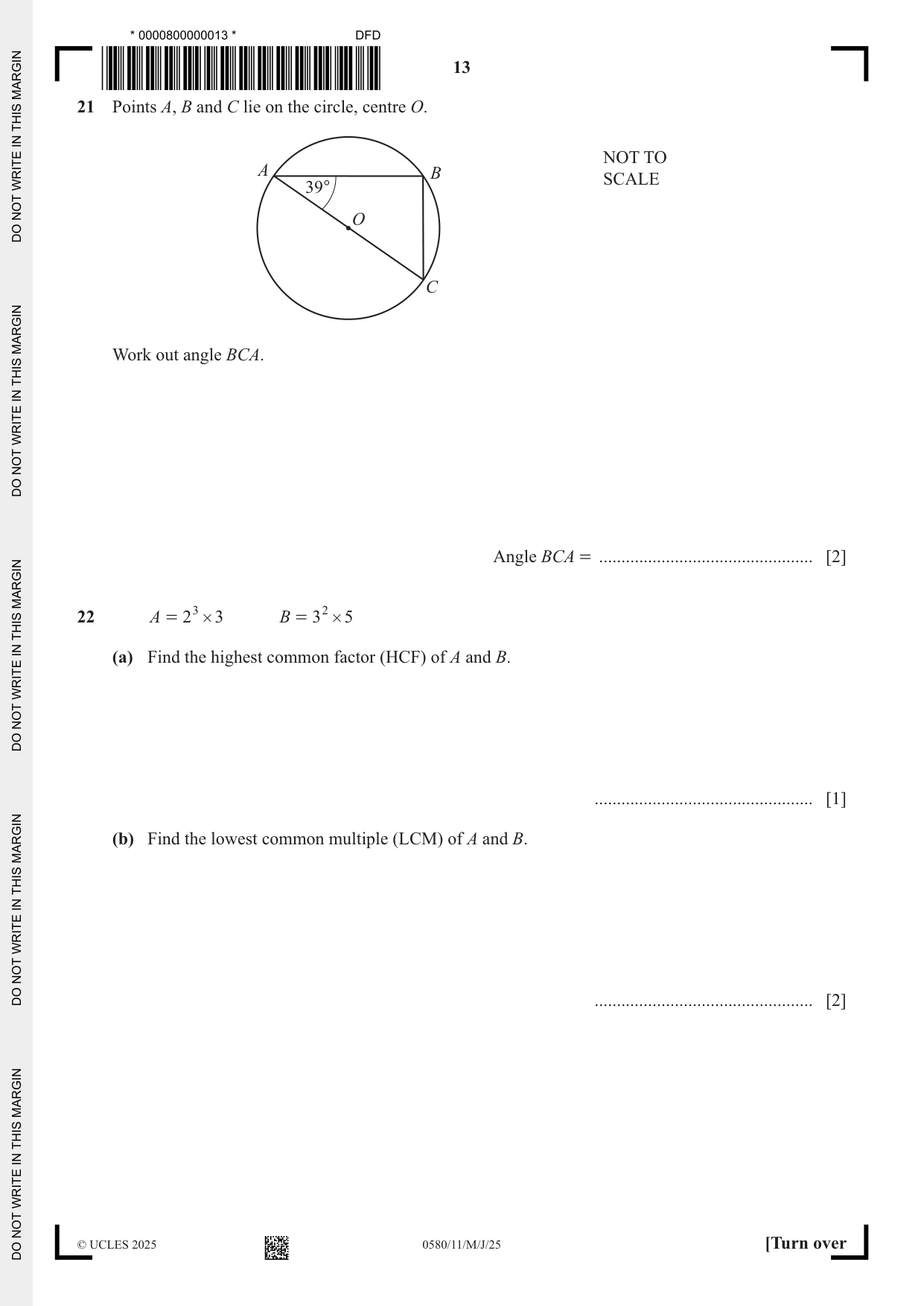 Cambridge IGCSE Mathematics 0580 2025 May/June Paper 1 · Variant 1 question paper, page 13 of 16
