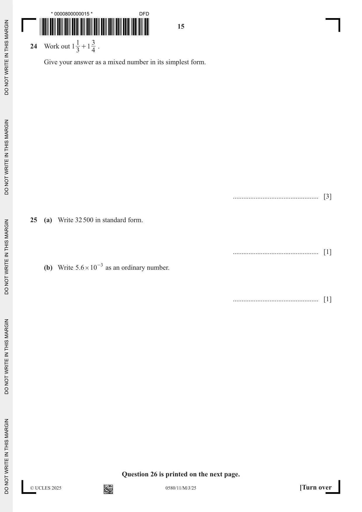 Cambridge IGCSE Mathematics 0580 2025 May/June Paper 1 · Variant 1 question paper, page 15 of 16