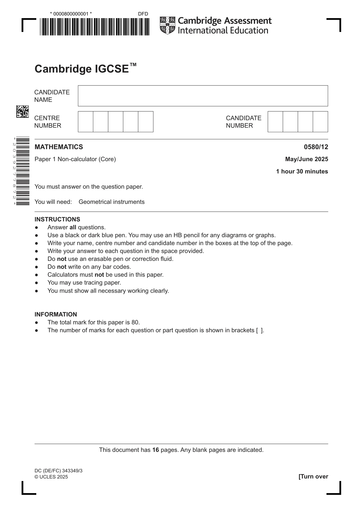 Cambridge IGCSE Mathematics 0580 2025 May/June Paper 1 · Variant 2 question paper, page 1 of 16