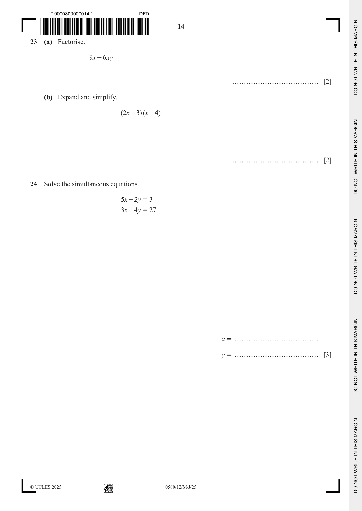 Cambridge IGCSE Mathematics 0580 2025 May/June Paper 1 · Variant 2 question paper, page 14 of 16