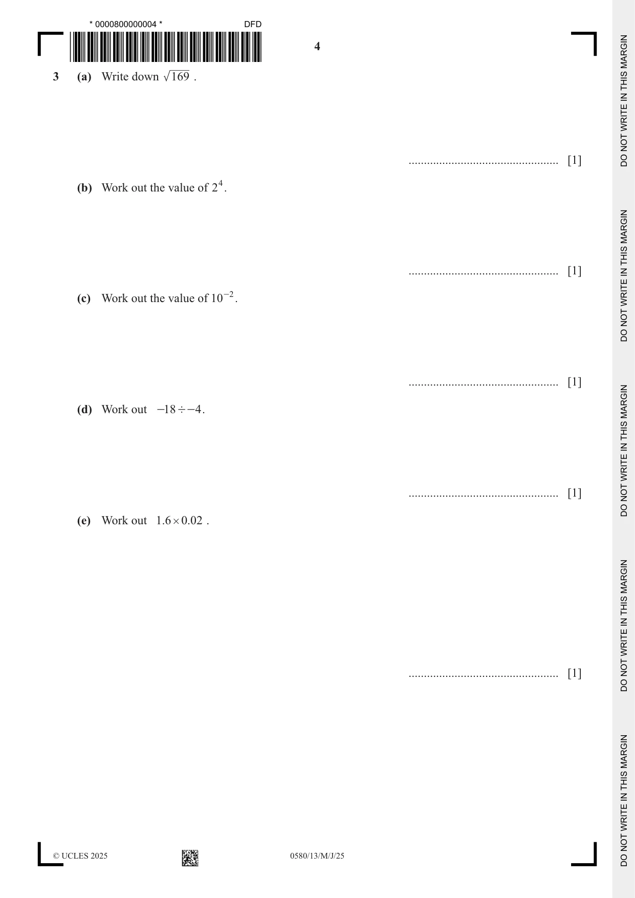 Cambridge IGCSE Mathematics 0580 2025 May/June Paper 1 · Variant 3 question paper, page 4 of 20