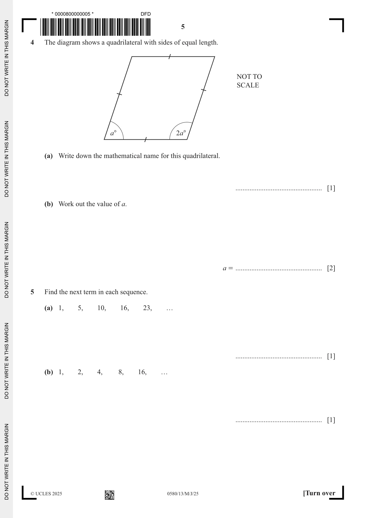 Cambridge IGCSE Mathematics 0580 2025 May/June Paper 1 · Variant 3 question paper, page 5 of 20