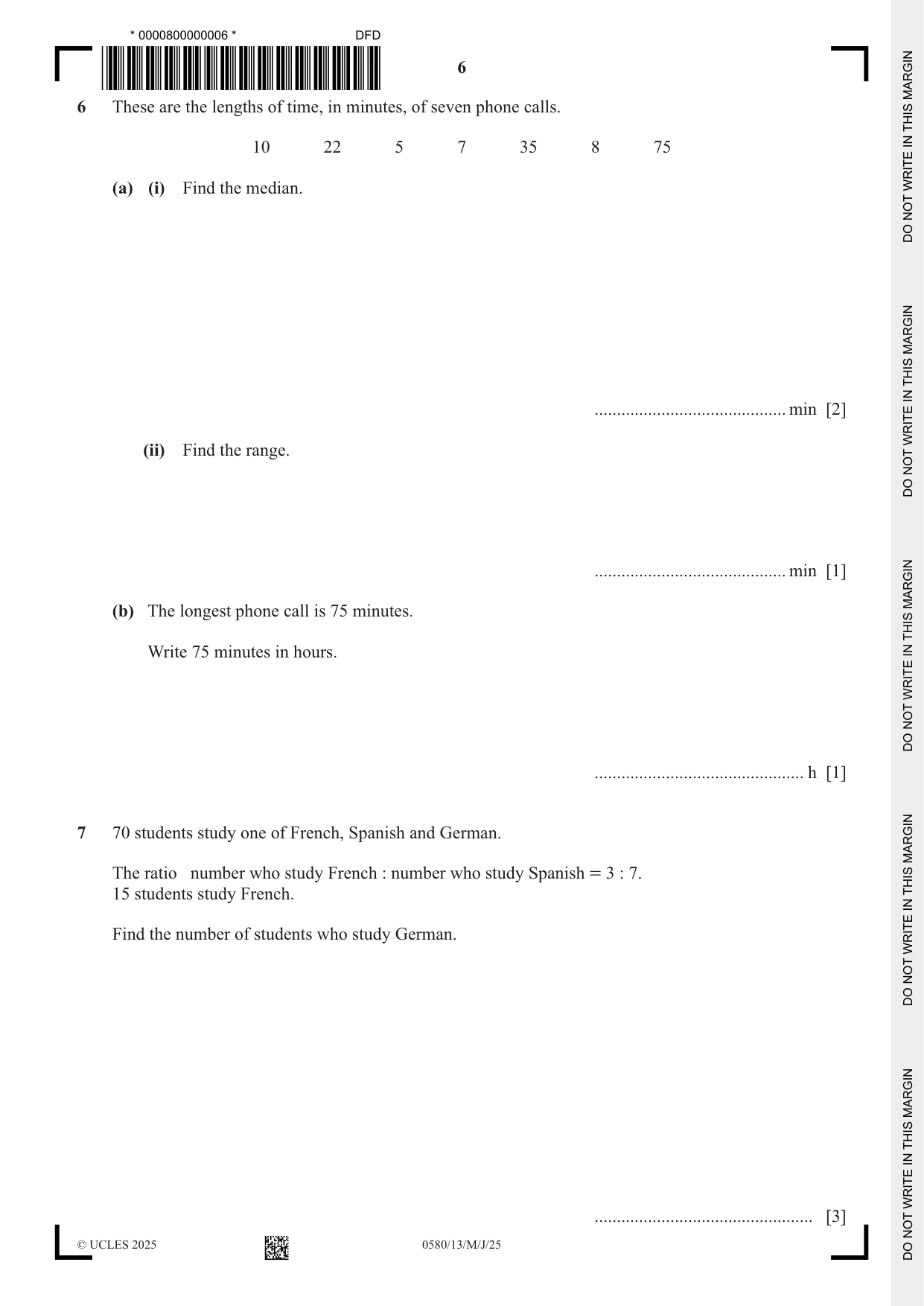 Cambridge IGCSE Mathematics 0580 2025 May/June Paper 1 · Variant 3 question paper, page 6 of 20