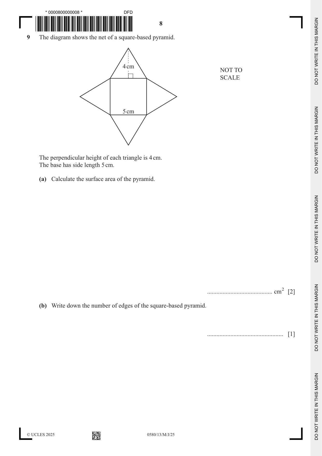 Cambridge IGCSE Mathematics 0580 2025 May/June Paper 1 · Variant 3 question paper, page 8 of 20