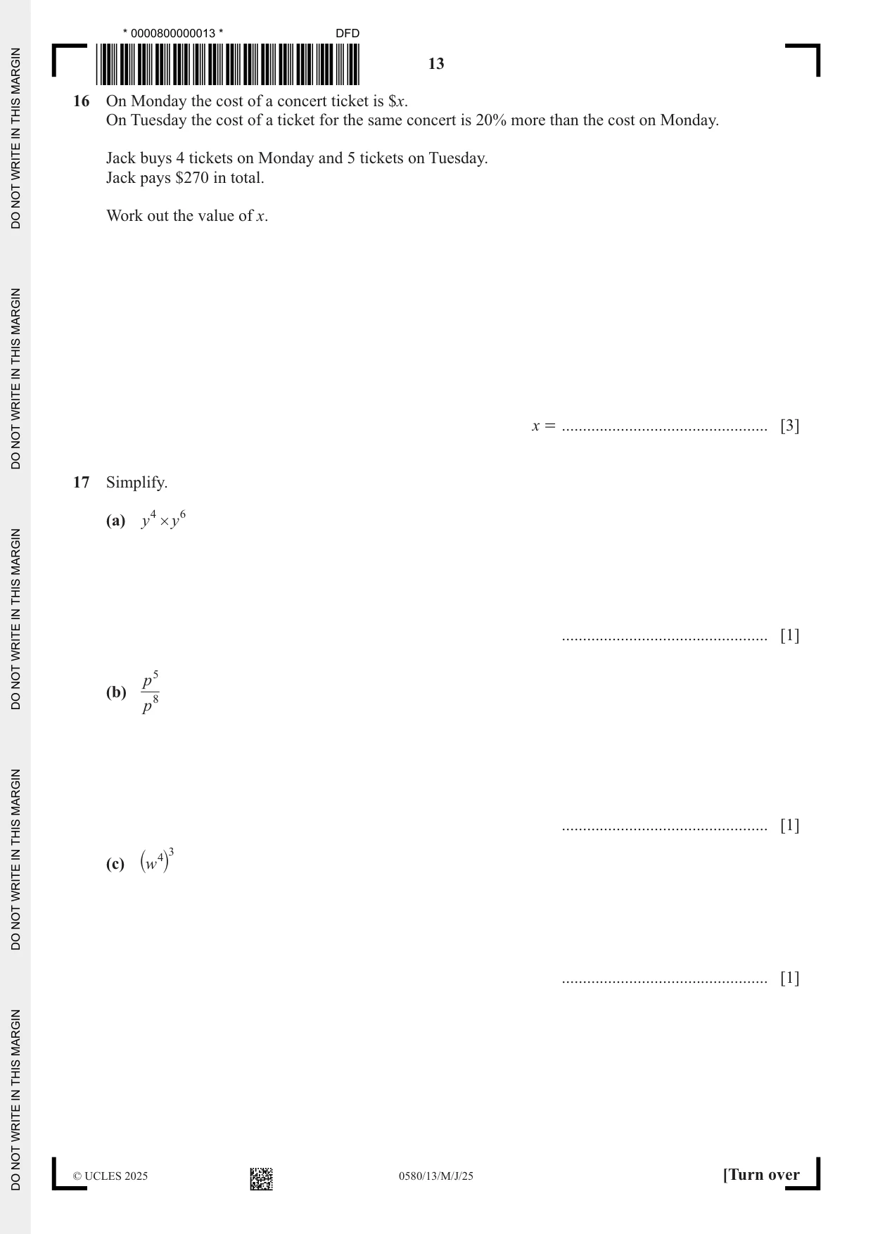 Cambridge IGCSE Mathematics 0580 2025 May/June Paper 1 · Variant 3 question paper, page 13 of 20