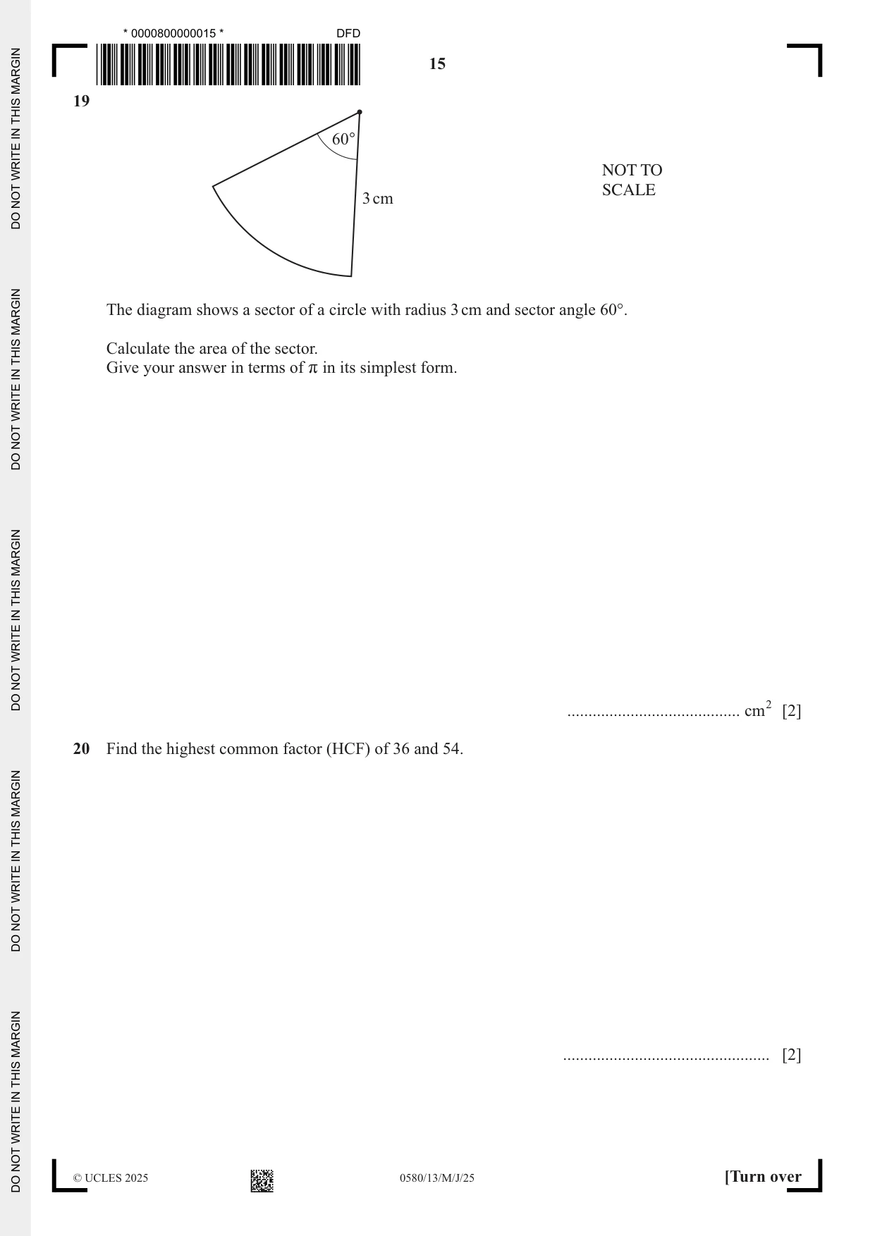 Cambridge IGCSE Mathematics 0580 2025 May/June Paper 1 · Variant 3 question paper, page 15 of 20