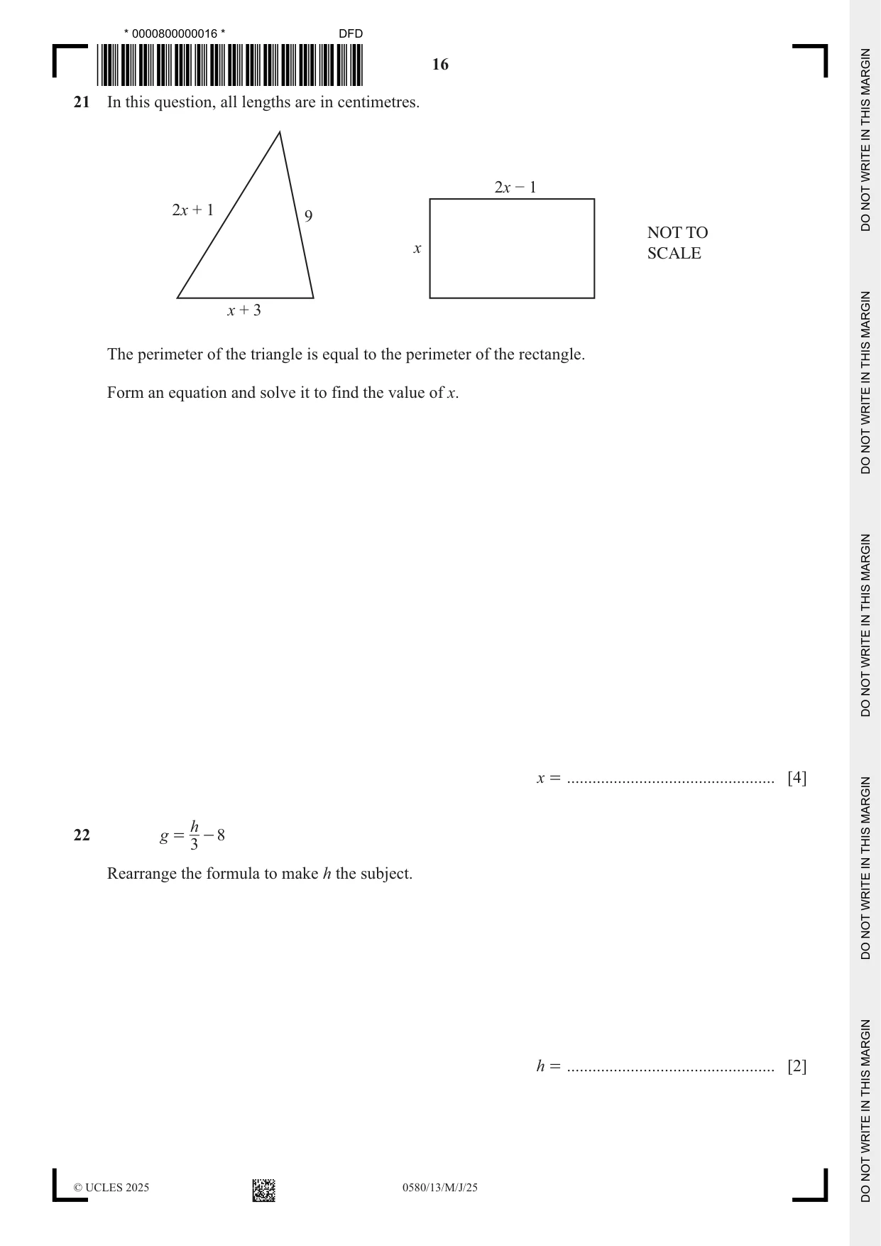 Cambridge IGCSE Mathematics 0580 2025 May/June Paper 1 · Variant 3 question paper, page 16 of 20