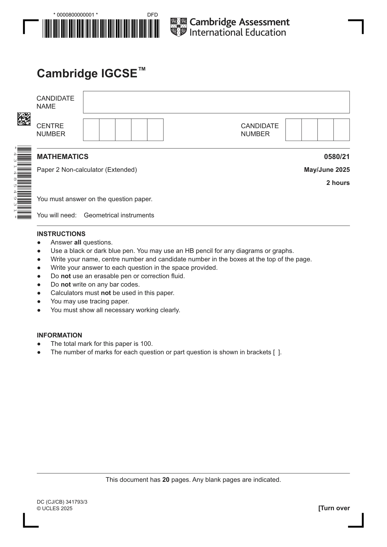 Cambridge IGCSE Mathematics 0580 2025 May/June Paper 2 · Variant 1 question paper, page 1 of 20