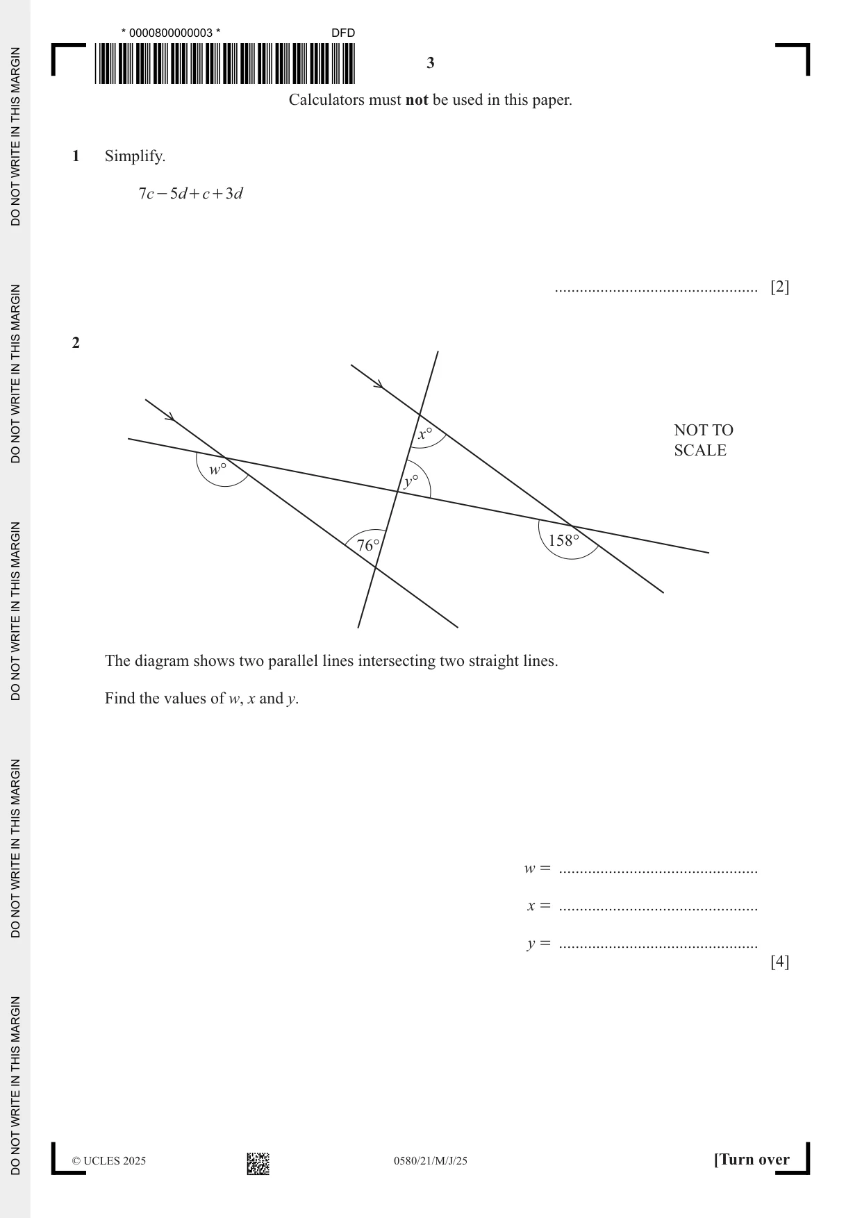 Cambridge IGCSE Mathematics 0580 2025 May/June Paper 2 · Variant 1 question paper, page 3 of 20
