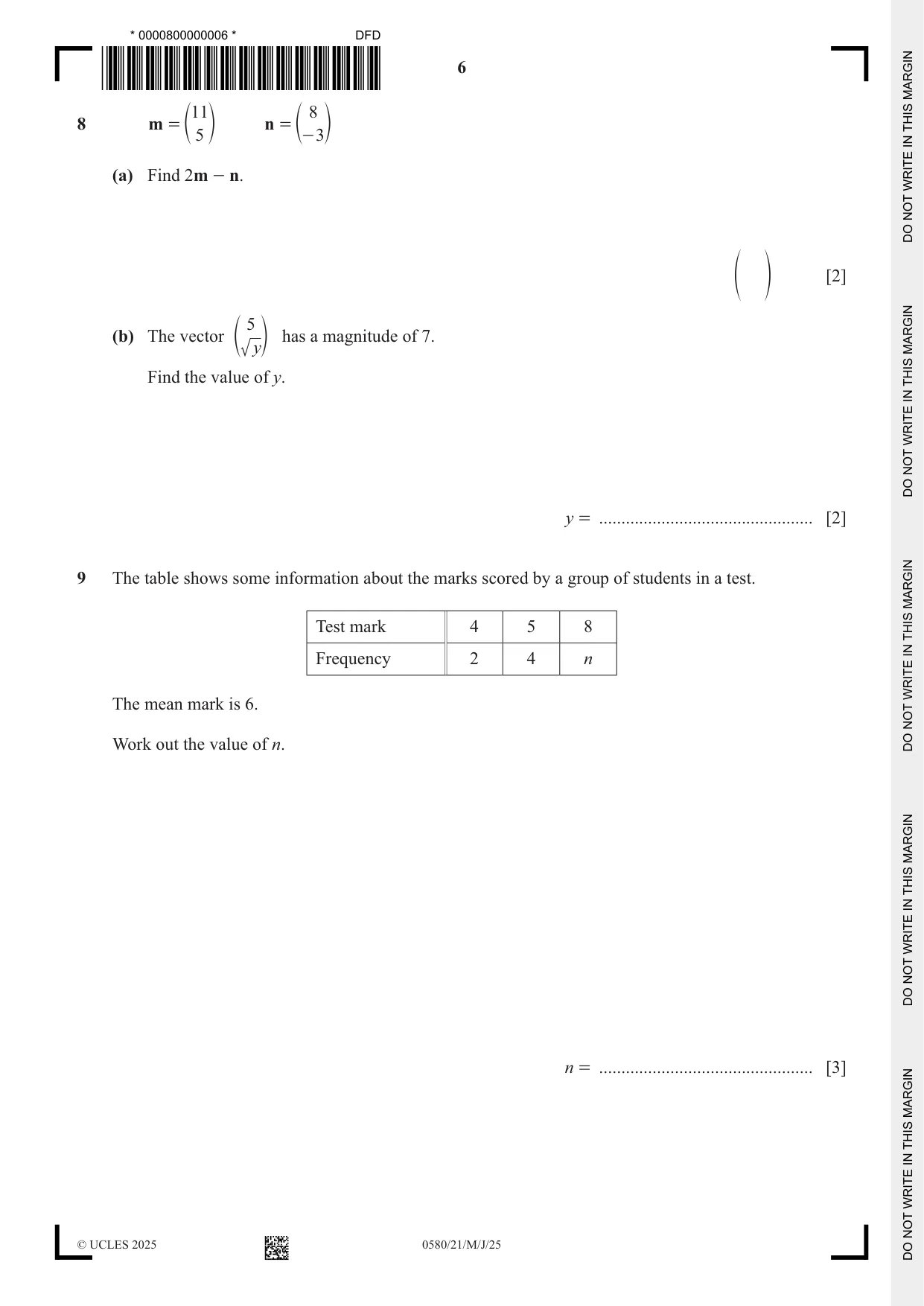 Cambridge IGCSE Mathematics 0580 2025 May/June Paper 2 · Variant 1 question paper, page 6 of 20