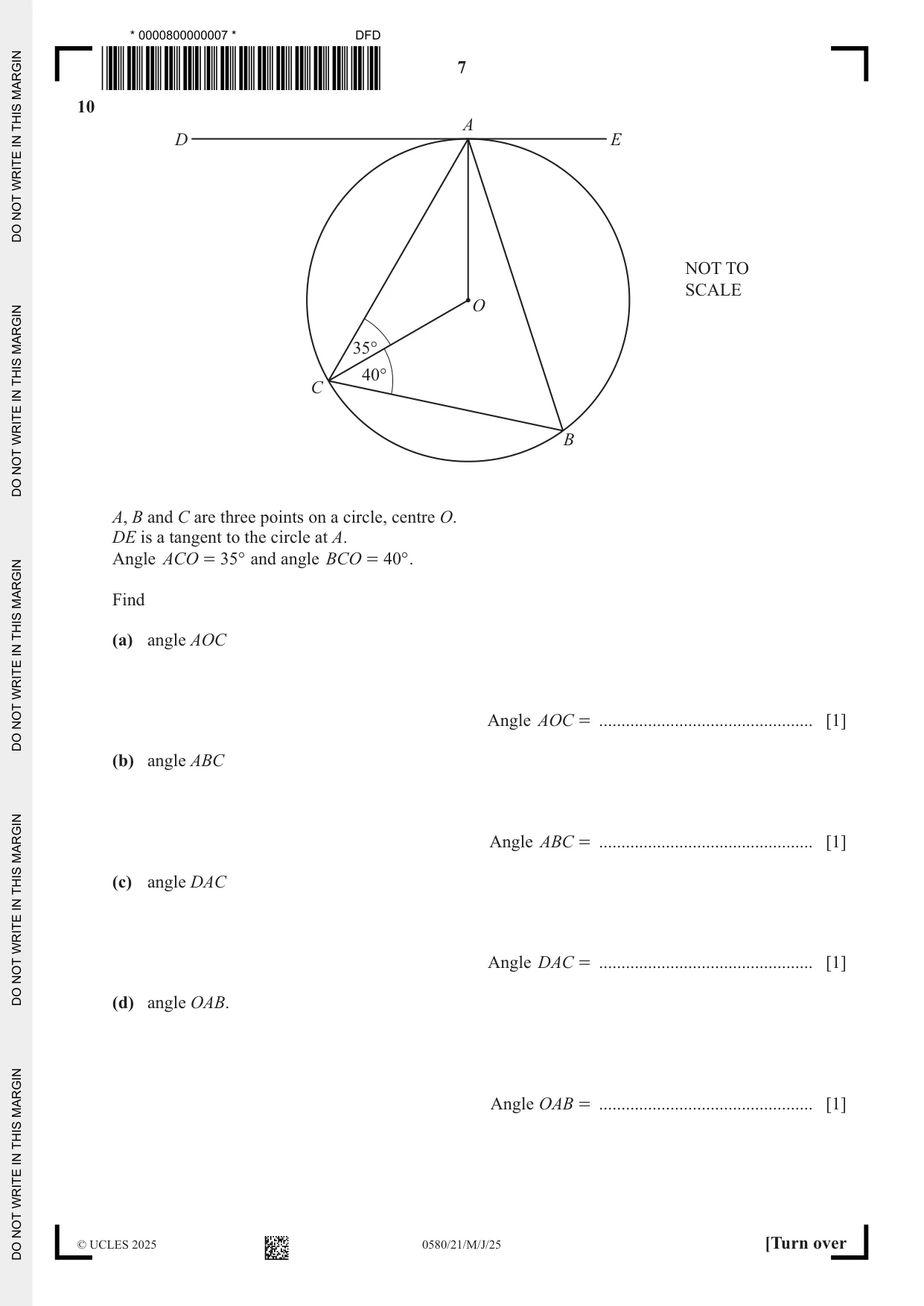 Cambridge IGCSE Mathematics 0580 2025 May/June Paper 2 · Variant 1 question paper, page 7 of 20