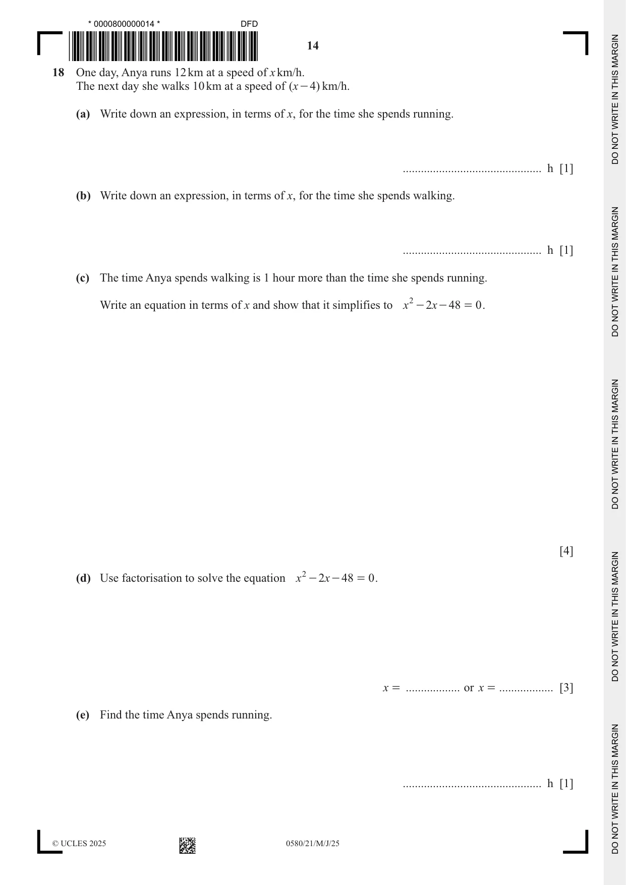 Cambridge IGCSE Mathematics 0580 2025 May/June Paper 2 · Variant 1 question paper, page 14 of 20