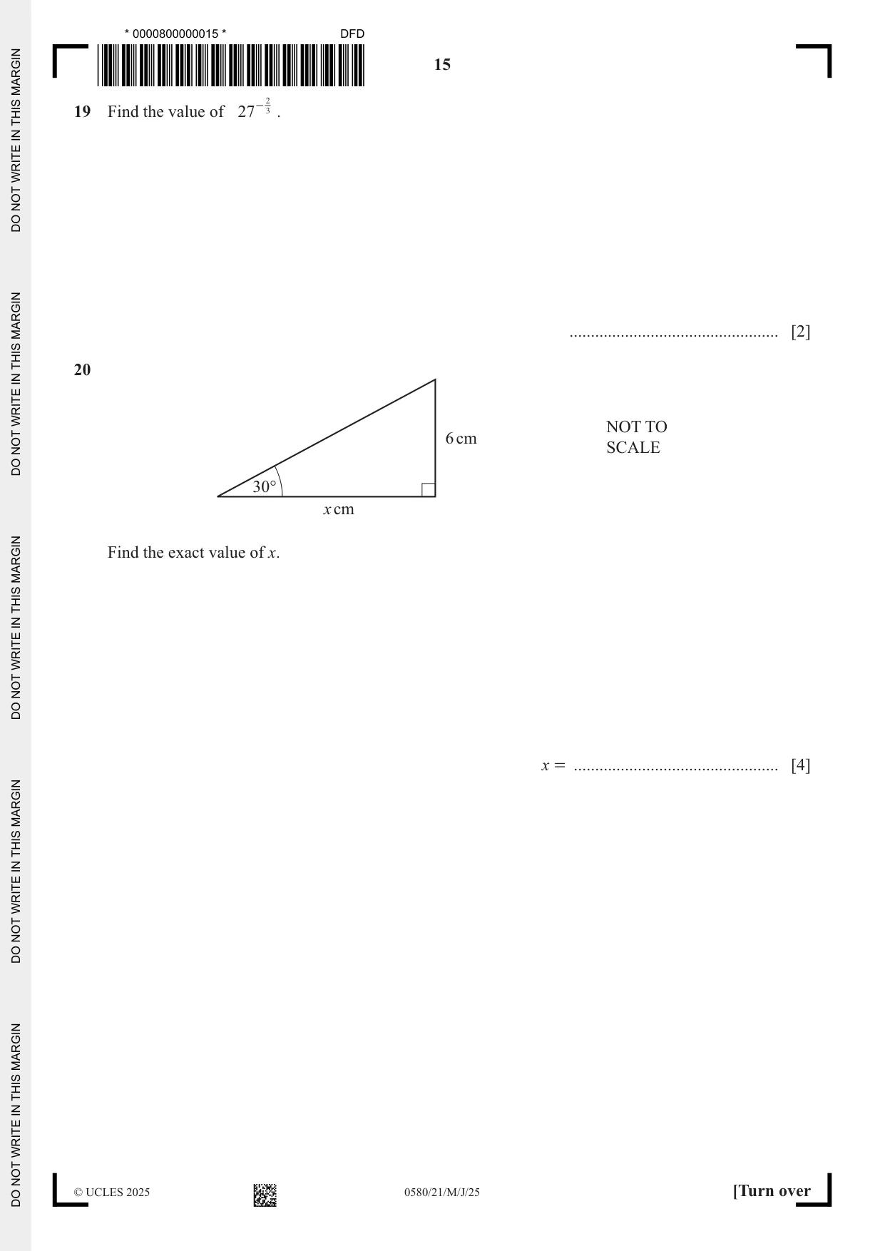 Cambridge IGCSE Mathematics 0580 2025 May/June Paper 2 · Variant 1 question paper, page 15 of 20