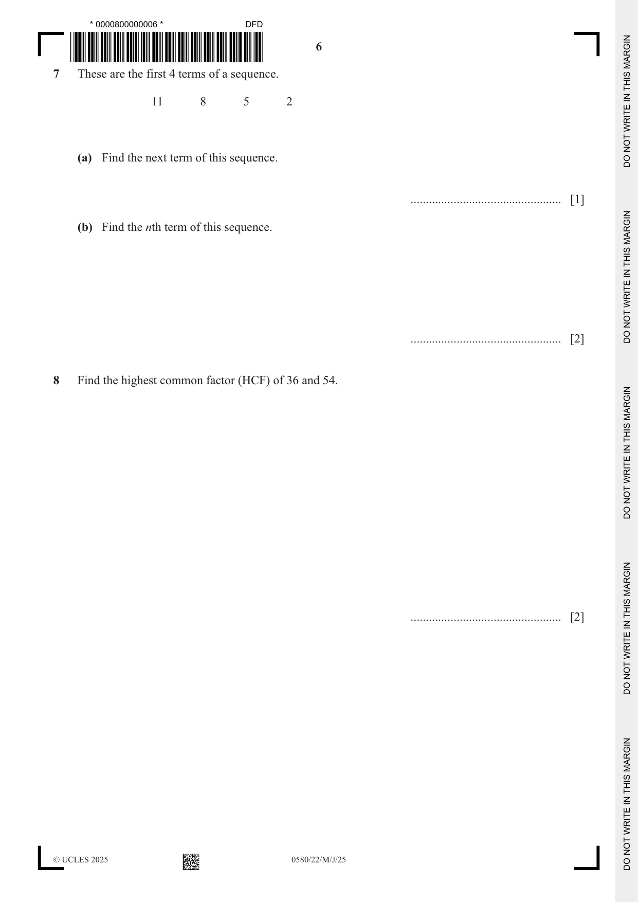 Cambridge IGCSE Mathematics 0580 2025 May/June Paper 2 · Variant 2 question paper, page 6 of 20