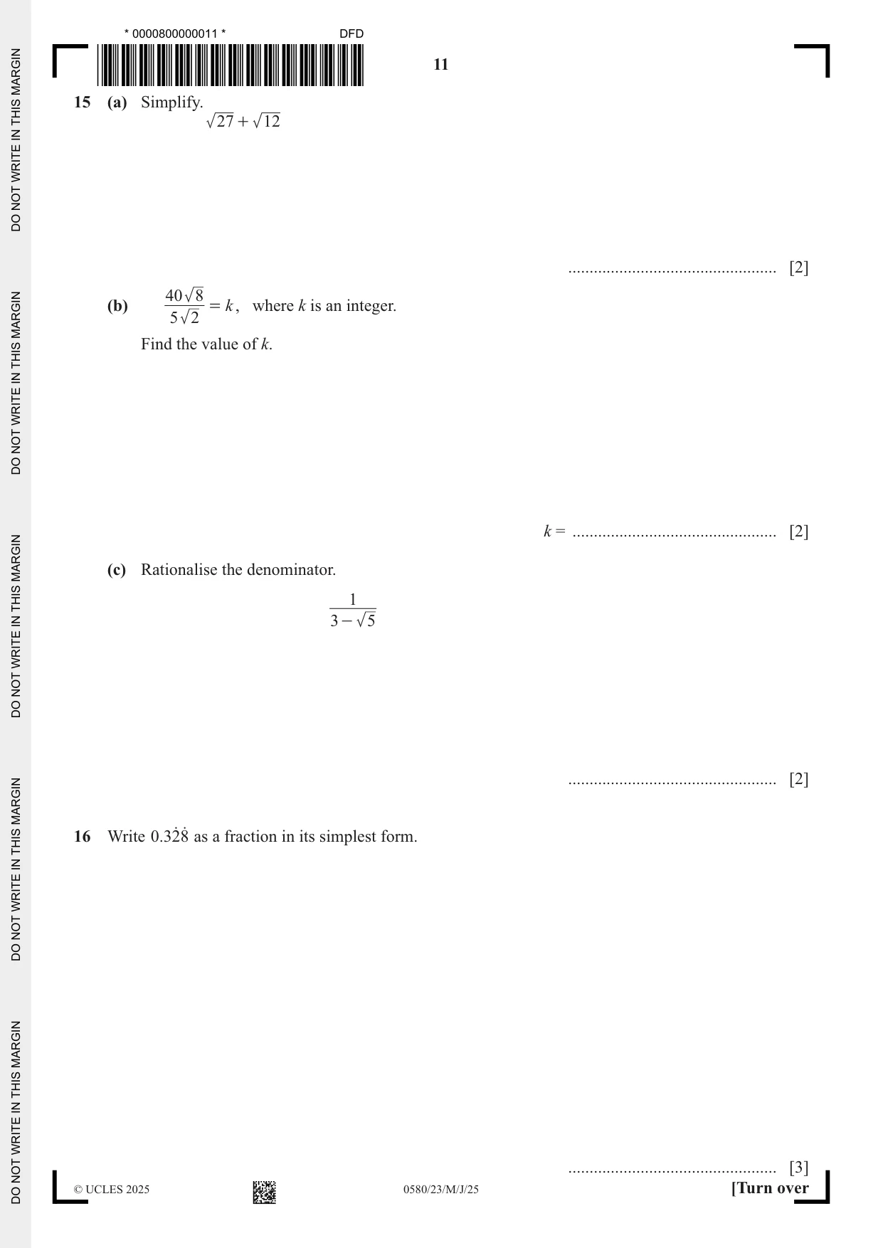 Cambridge IGCSE Mathematics 0580 2025 May/June Paper 2 · Variant 3 question paper, page 11 of 16