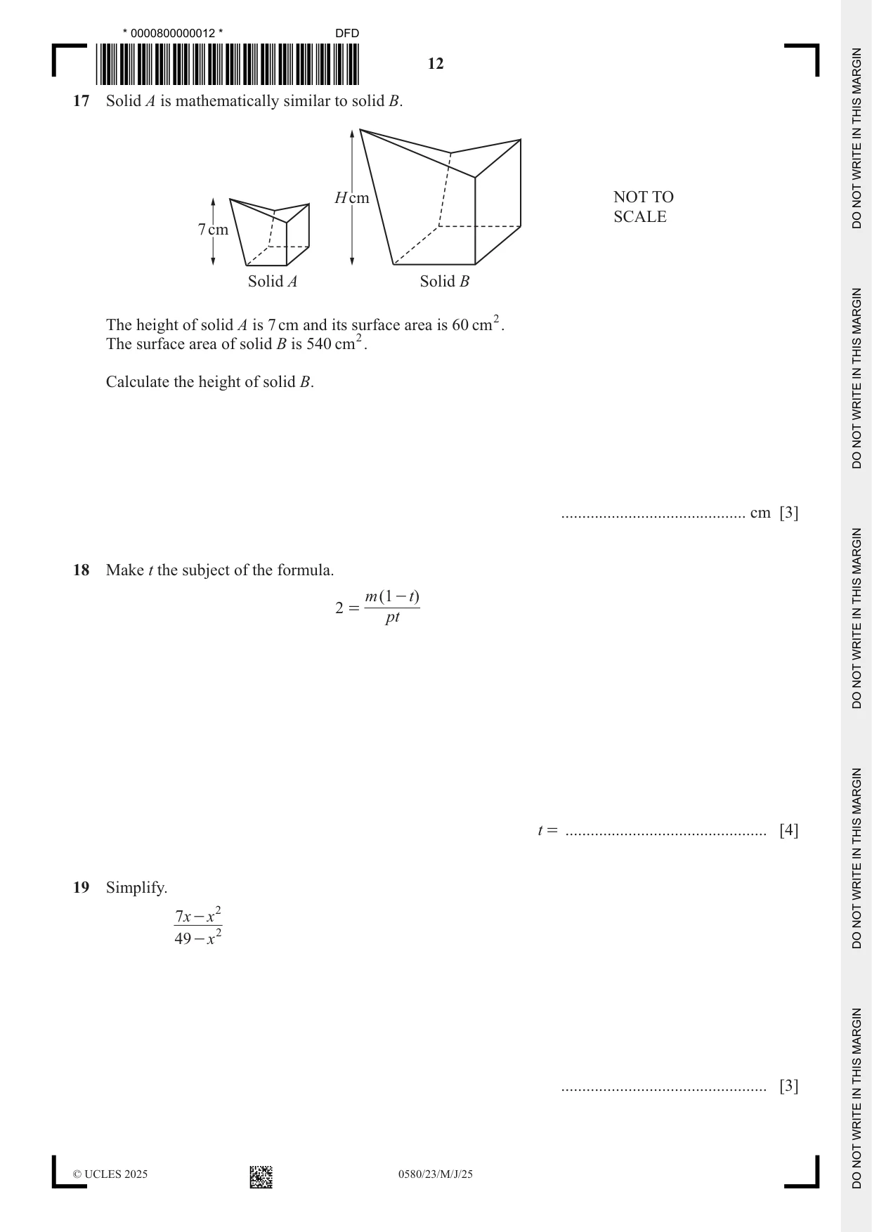 Cambridge IGCSE Mathematics 0580 2025 May/June Paper 2 · Variant 3 question paper, page 12 of 16