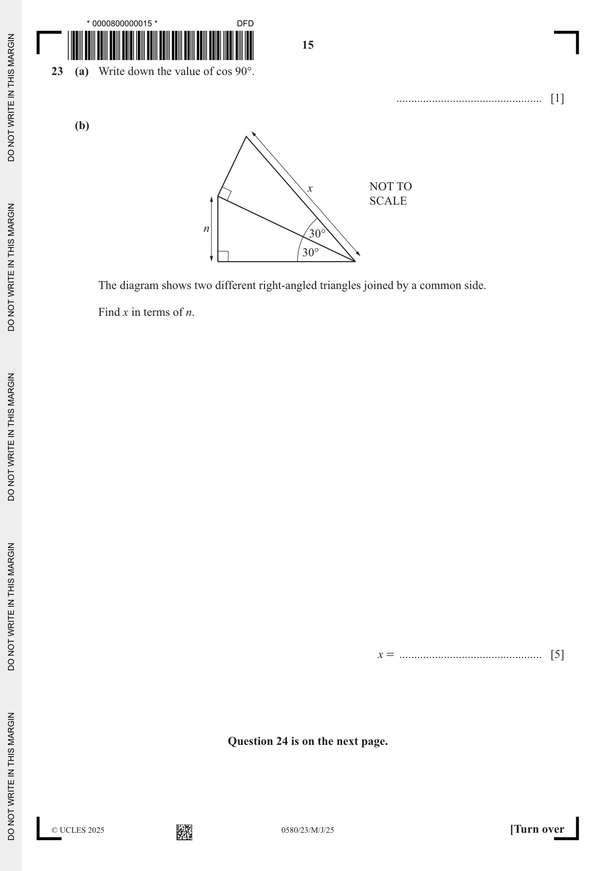 Cambridge IGCSE Mathematics 0580 2025 May/June Paper 2 · Variant 3 question paper, page 15 of 16