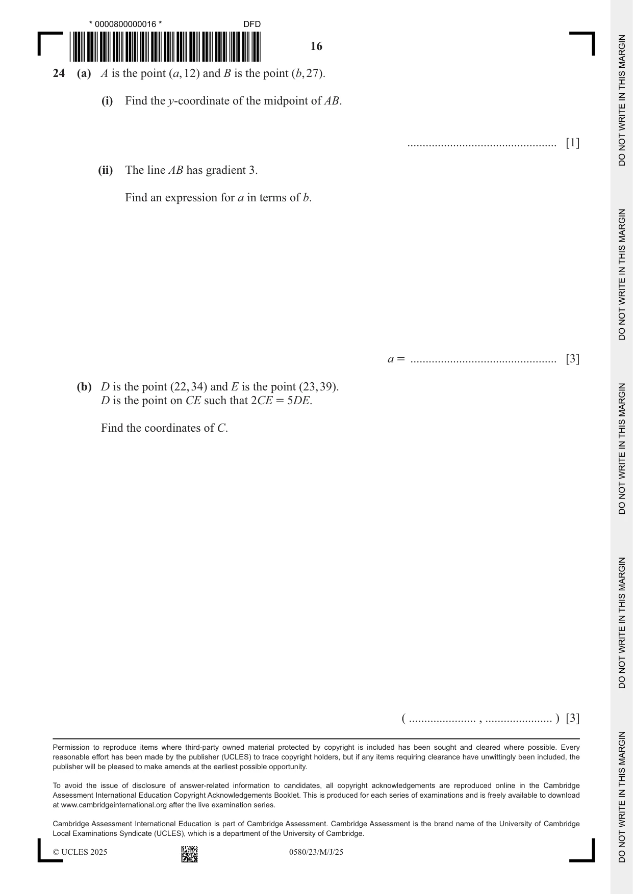 Cambridge IGCSE Mathematics 0580 2025 May/June Paper 2 · Variant 3 question paper, page 16 of 16