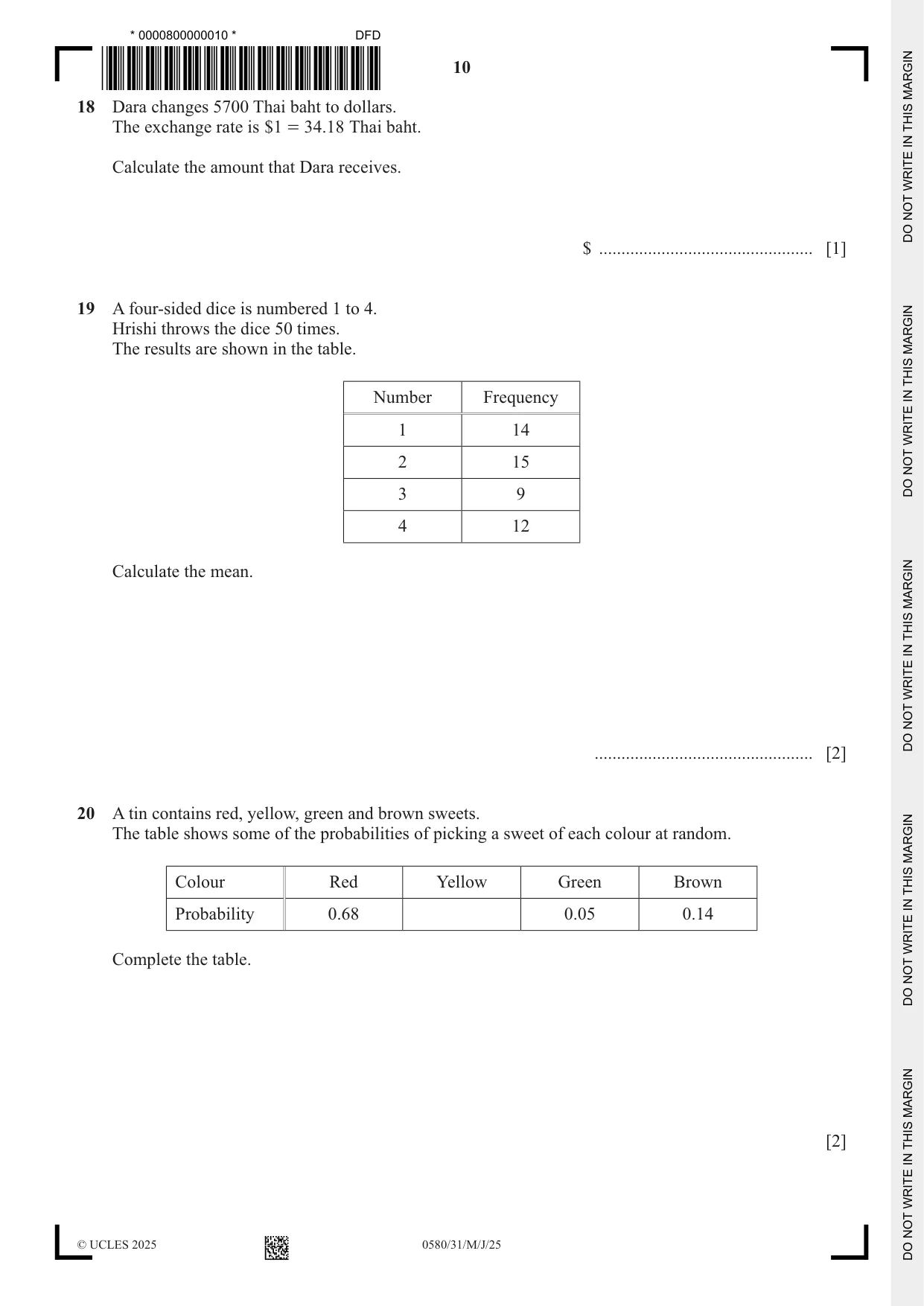 Cambridge IGCSE Mathematics 0580 2025 May/June Paper 3 · Variant 1 question paper, page 10 of 16